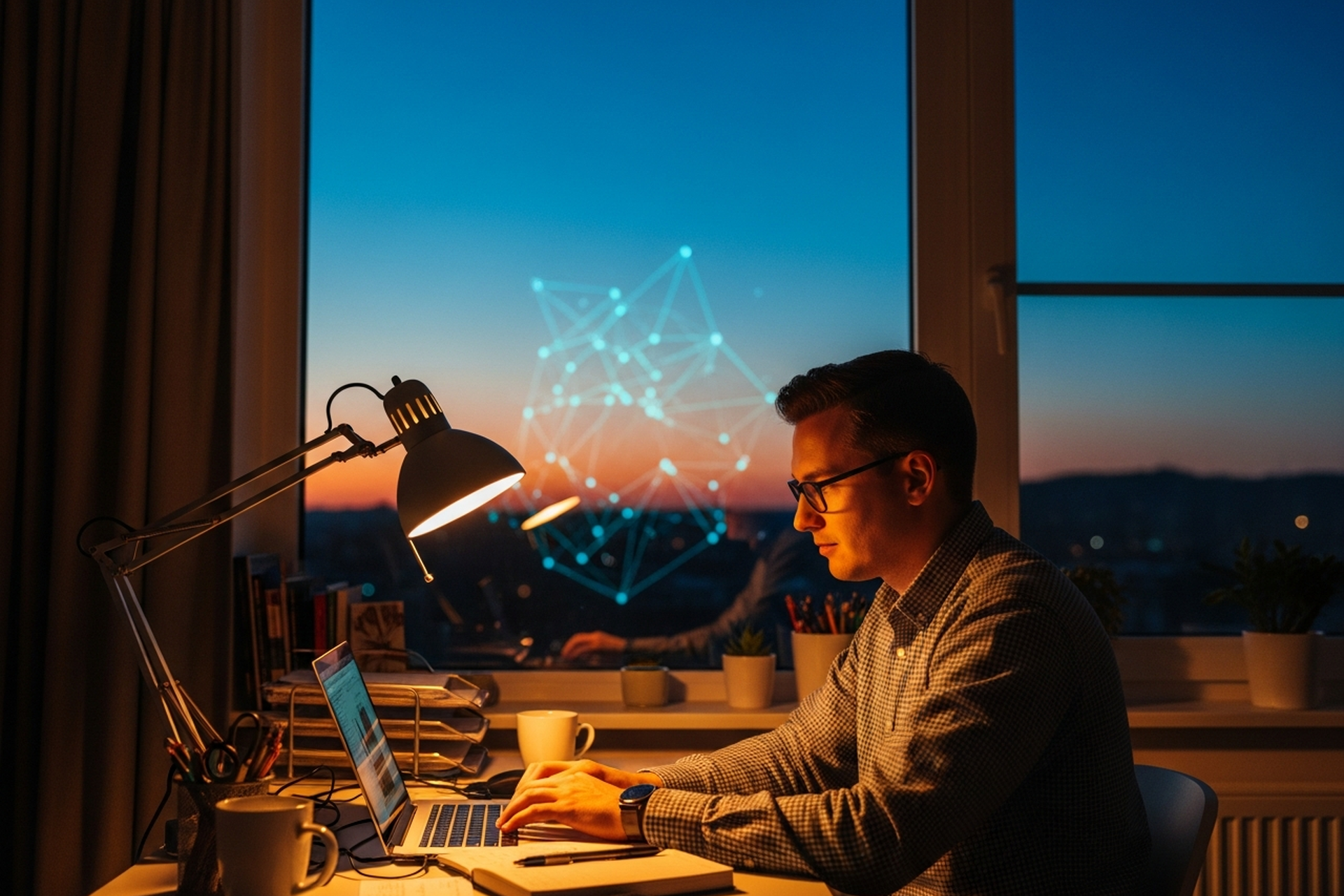 A founder working at a tidy home workspace at dusk, warm lamp light on the desk and a sunset glowing through the window behind
