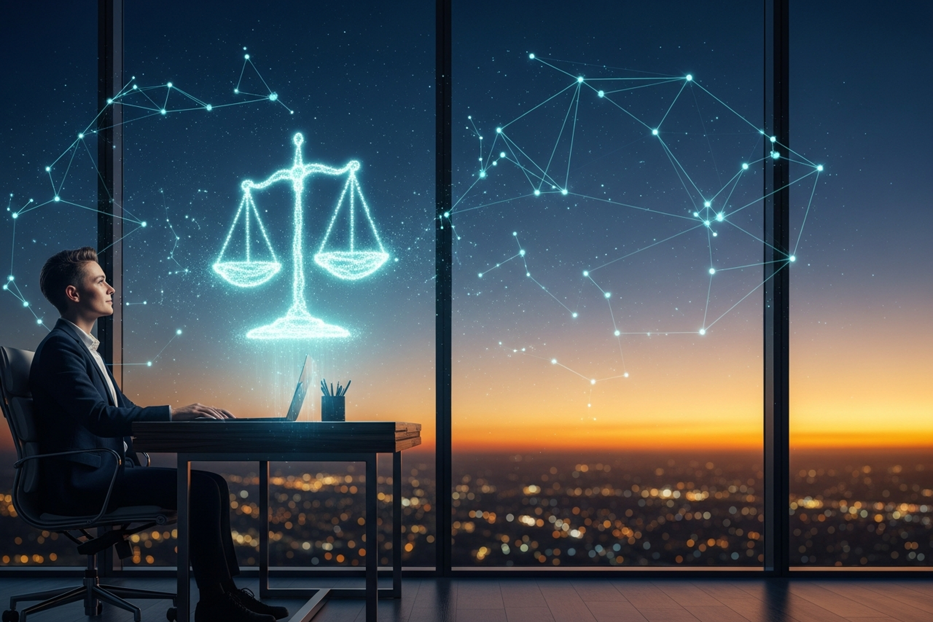 A founder at a desk at twilight beneath a glowing balance-scale of cyan light hovering over the starry skyline