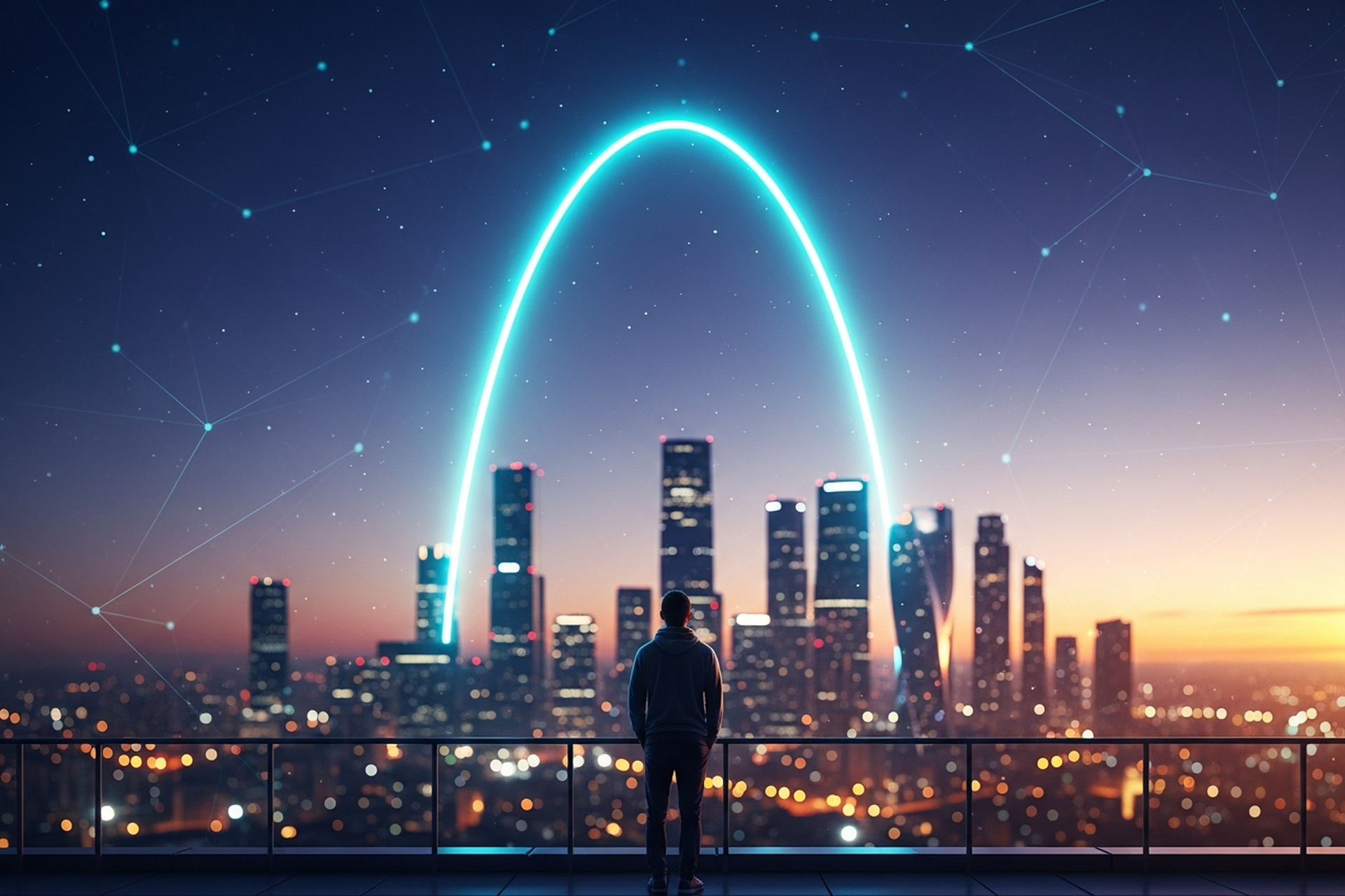 A founder seen from behind on a rooftop terrace at dusk, gazing at a glowing cyan arc of light curving upward over the city skyline