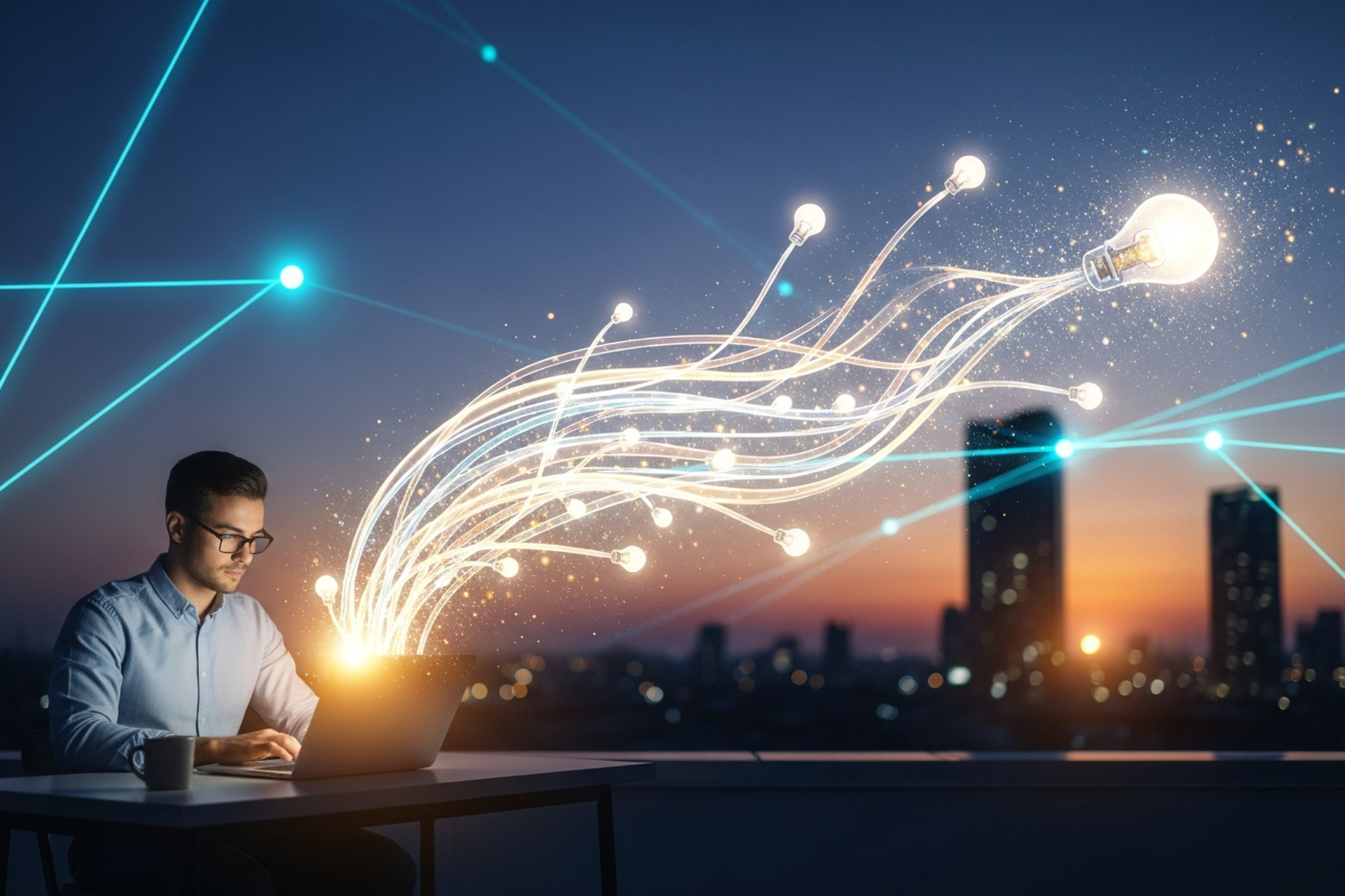 A founder at a laptop on a rooftop workspace at twilight, streams of glowing light and idea particles branching outward from the screen into the evening sky