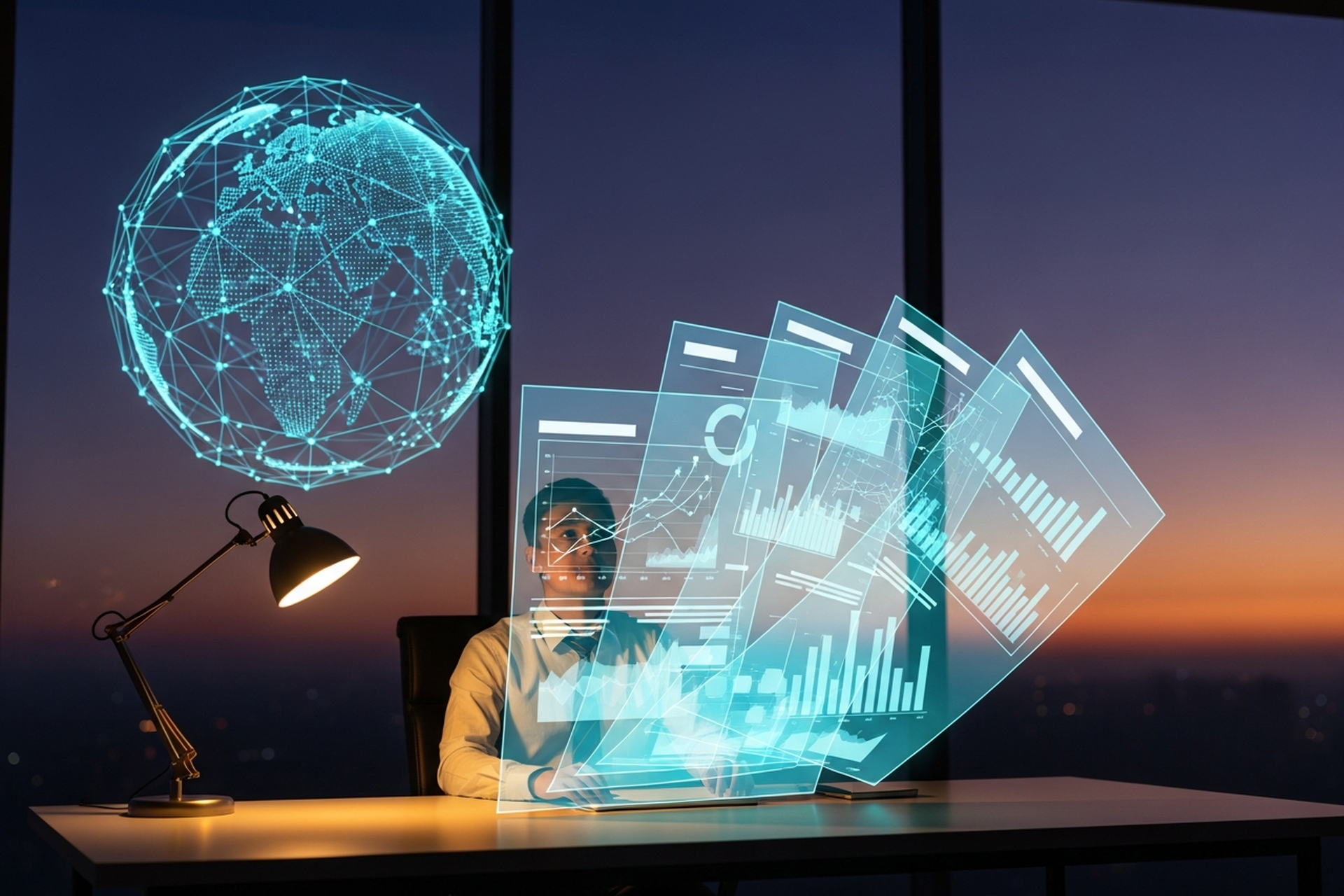 A founder at a desk at twilight reviewing several glowing translucent holographic plan panels fanned out above the desk beside a wireframe globe