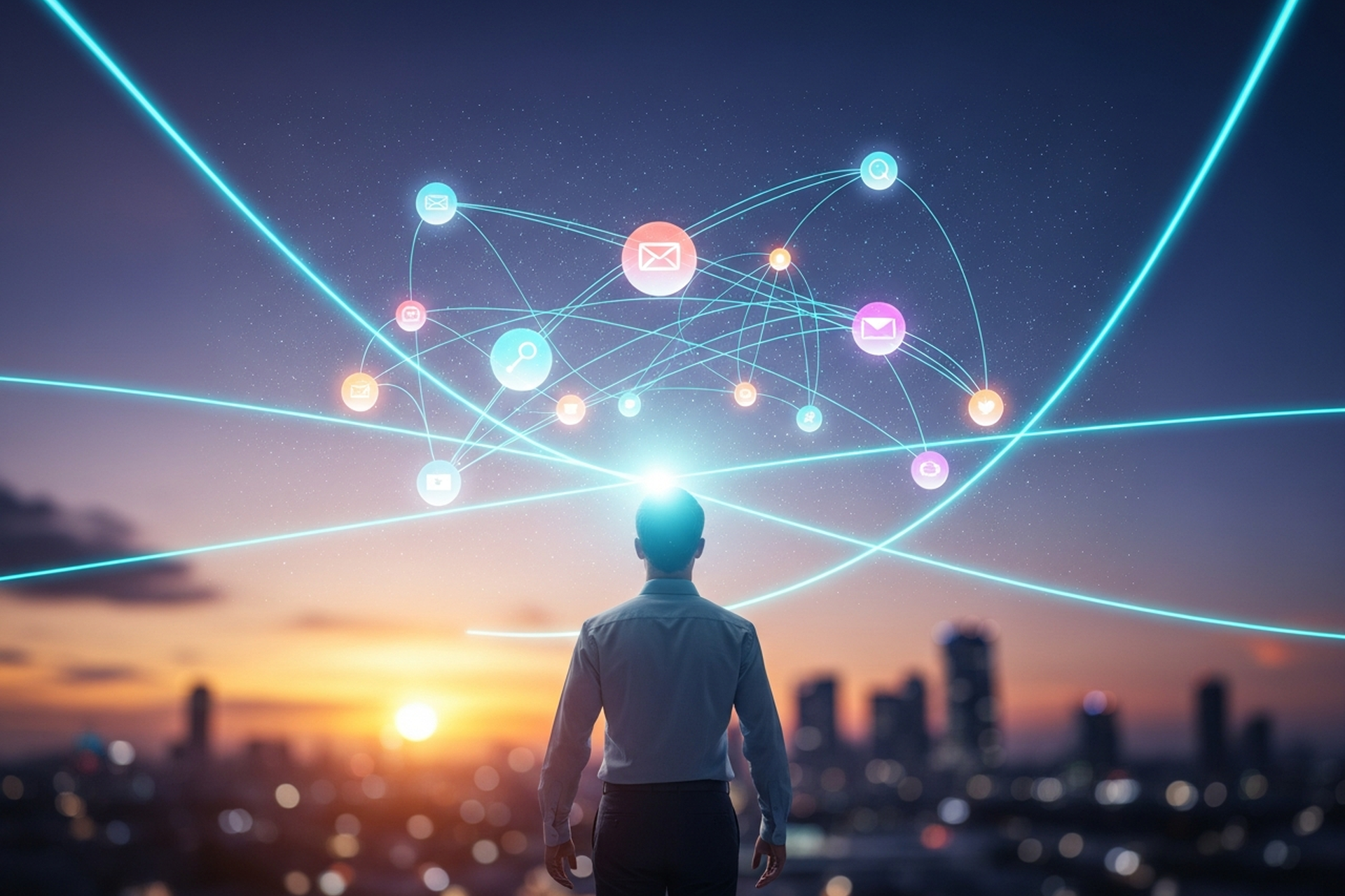 A founder before a glowing dashboard of colored marketing-channel light orbs connected by cyan threads against the twilight sky