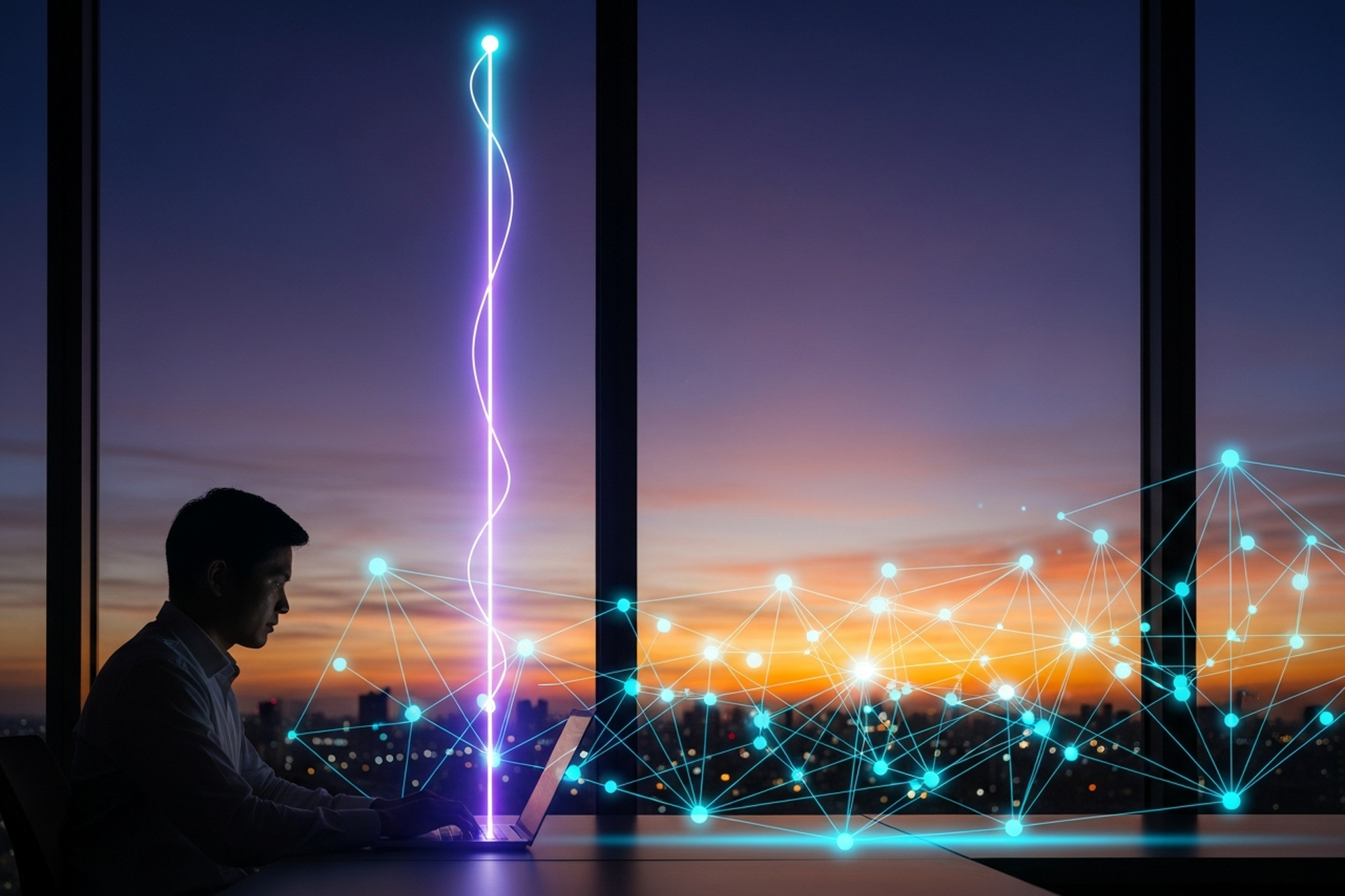 A founder at a laptop at dusk as an abstract glowing pathway of light rises from the screen toward the sunset skyline