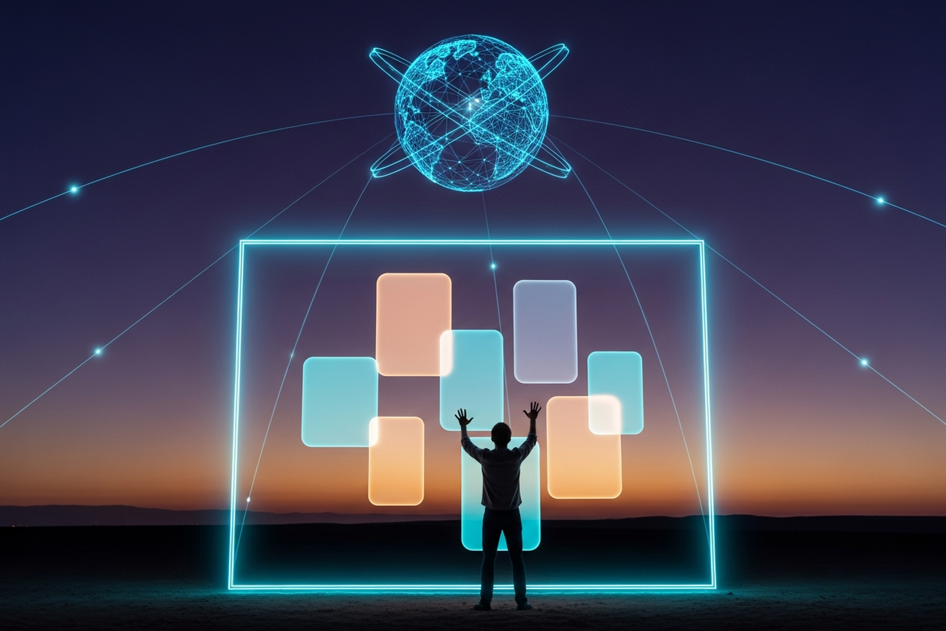A founder before a glowing storefront of light, assembling floating product cards of cyan and orange beneath a wireframe globe