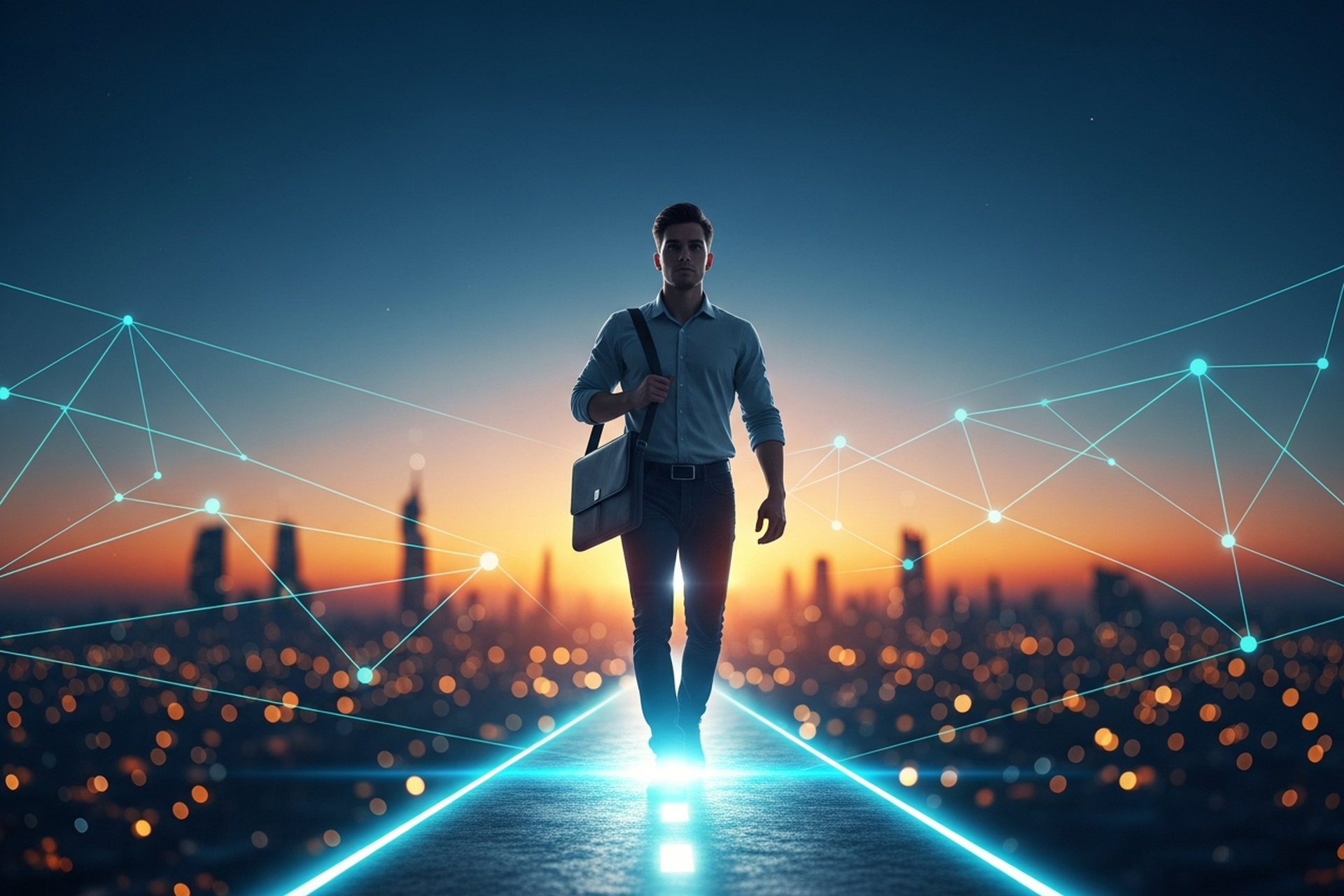 A determined founder with a laptop bag stepping onto a glowing path of light leading toward a distant city skyline at dusk