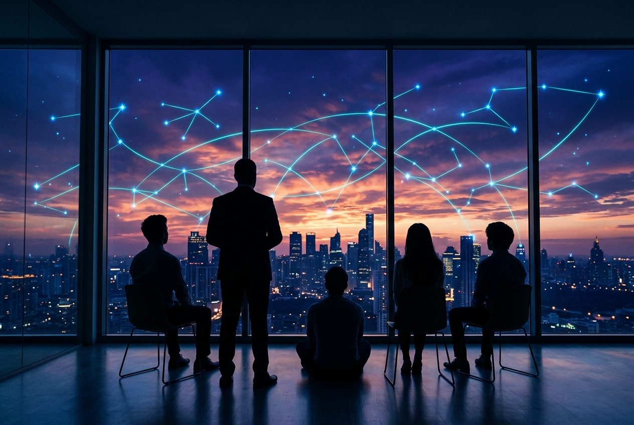 A mentor standing before a small seated group, all in silhouette, facing windows where glowing constellation paths cross the sunset sky over the city