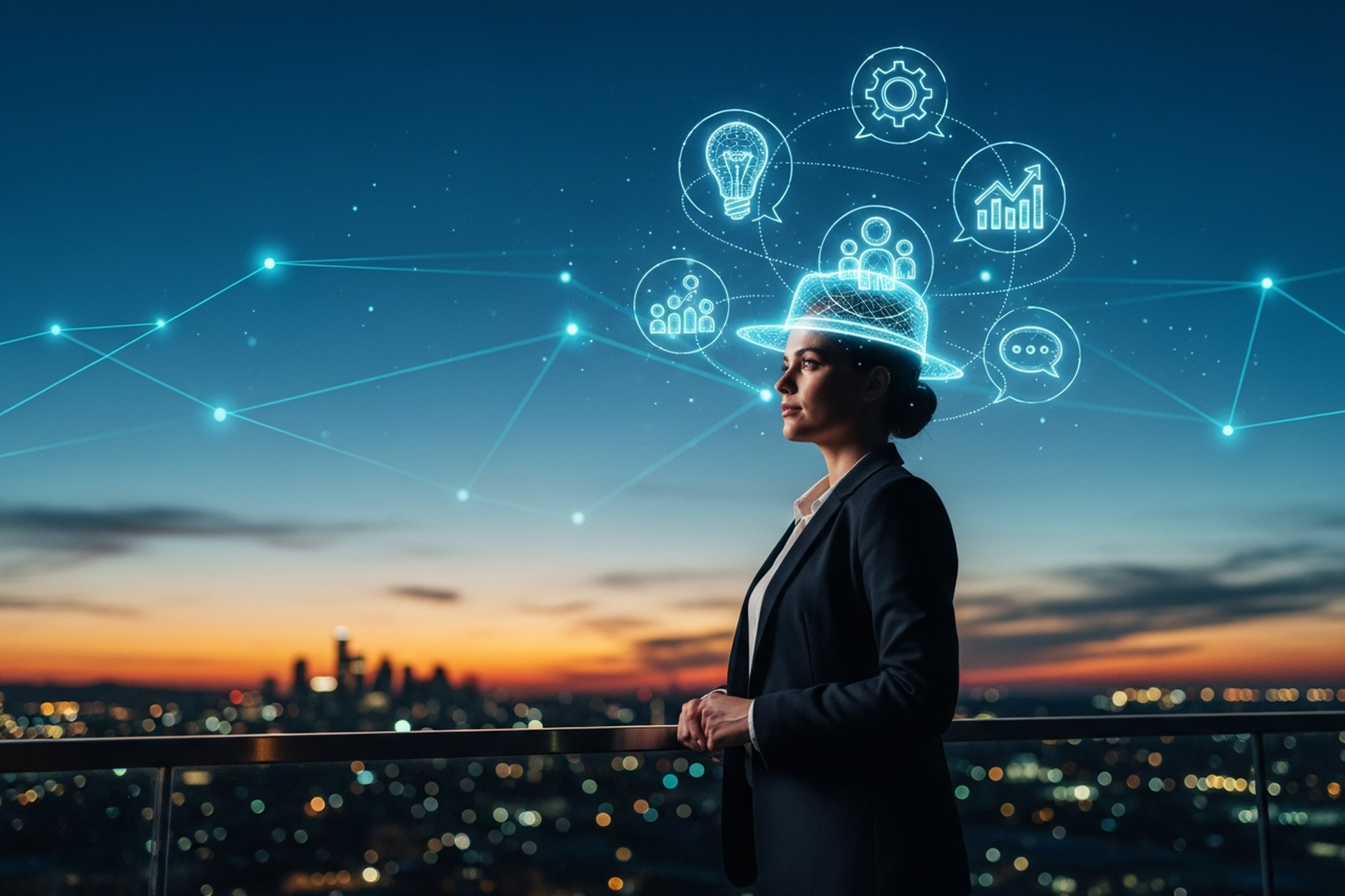 A founder in a dark blazer on a rooftop terrace at twilight overlooking a glowing city skyline, wearing a holographic wireframe hat of light