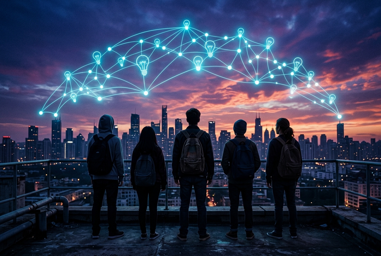Five students with backpacks seen from behind on a rooftop at dusk, gazing at a glowing constellation of connected lightbulbs arcing over the city