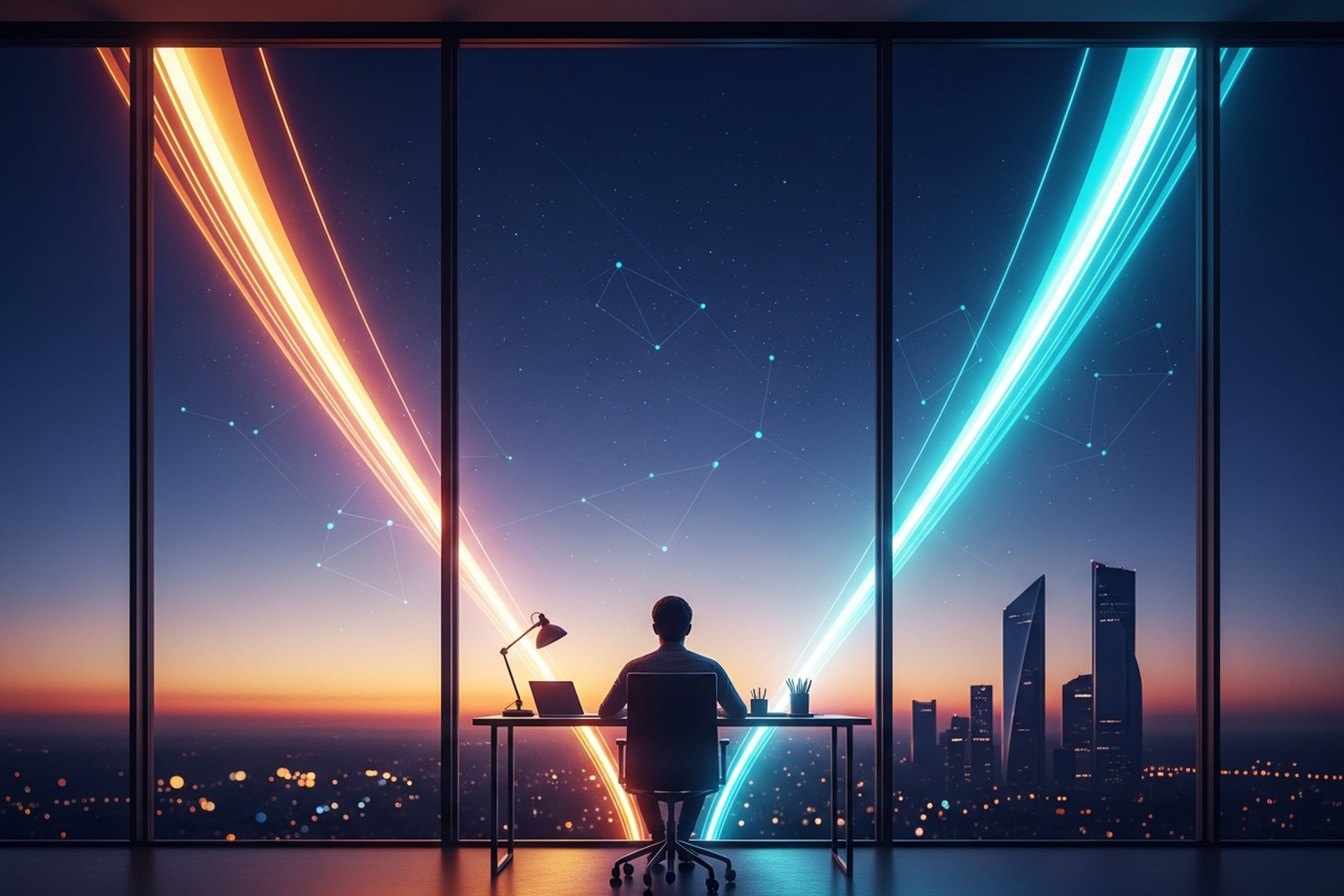 A founder at a desk by a floor-to-ceiling window at dusk, watching two glowing ribbons of light diverge toward the city skyline