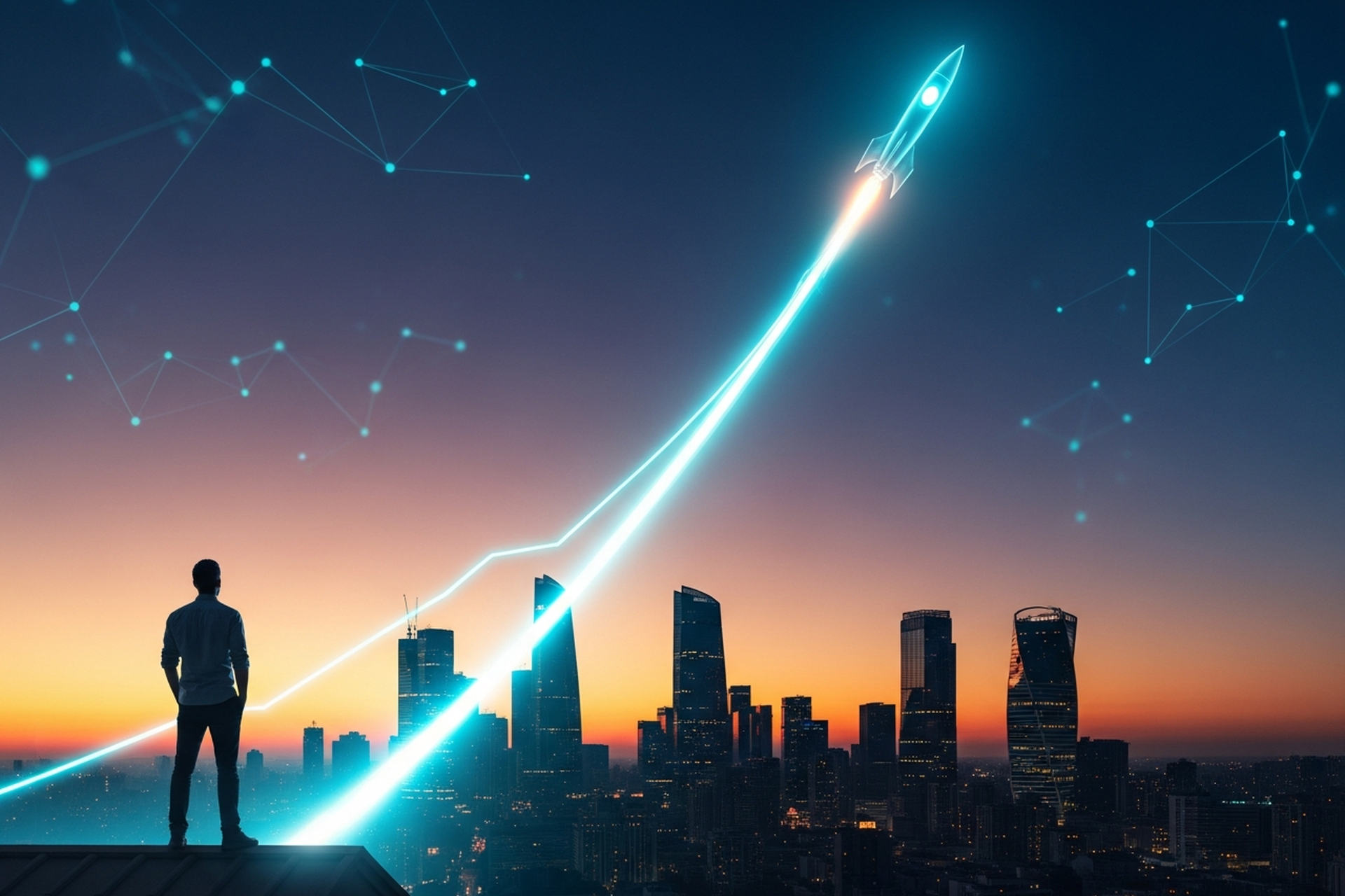 A founder on a rooftop at dusk watching a glowing cyan rocket of light arc upward over the city, its trail forming a rising growth curve