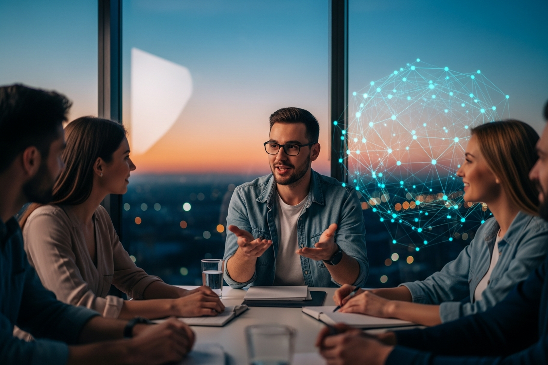 A founder speaking to an engaged team around a table by a floor-to-ceiling window at dusk, a cyan network sphere glowing beside them