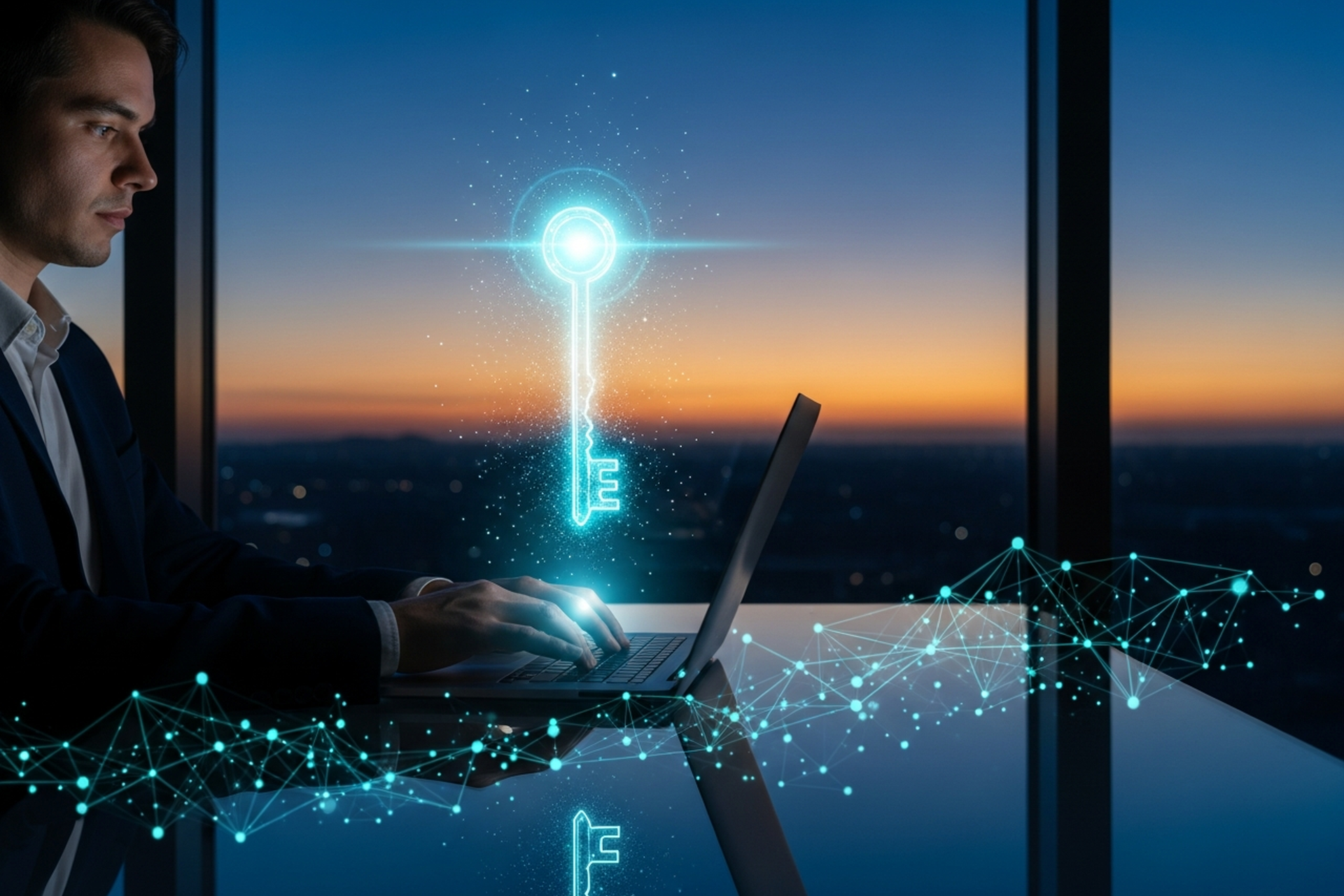 A founder typing at a laptop beside a window at dusk as a glowing cyan key of light rises above the keyboard