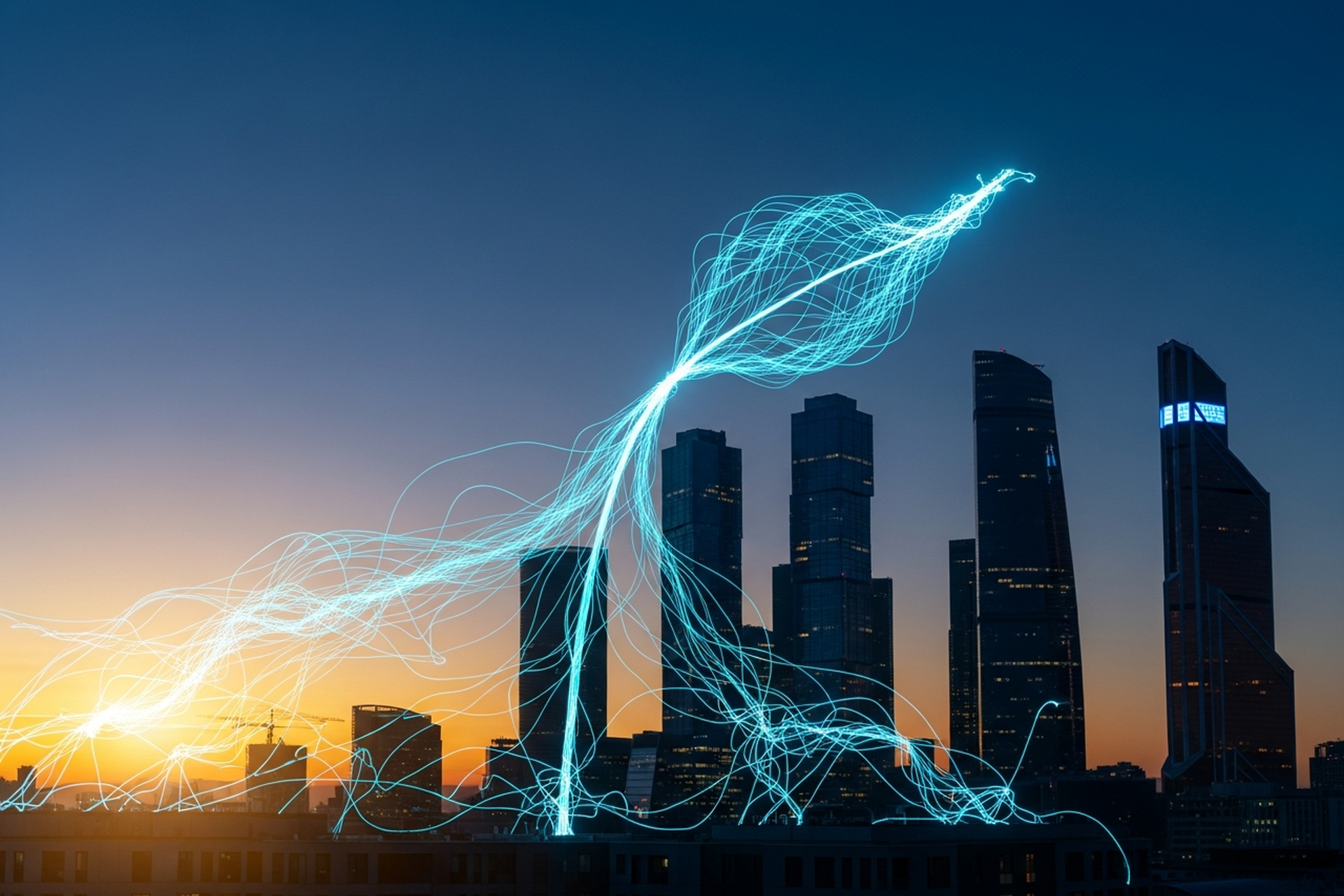 A glowing seed of cyan light sprouting into a branching network of light that rises and spreads over a city skyline at dusk