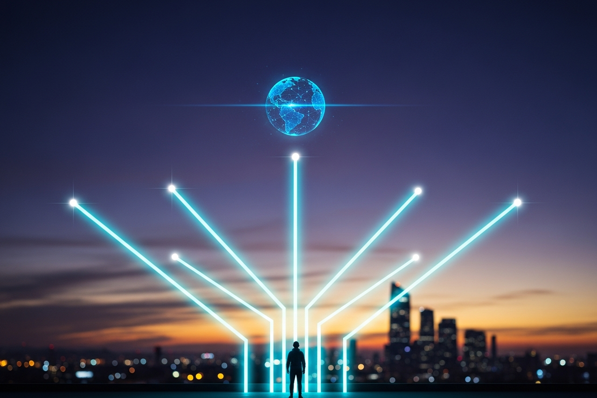 A founder at the base of several glowing light-paths that branch upward toward different bright horizons in a twilight sky