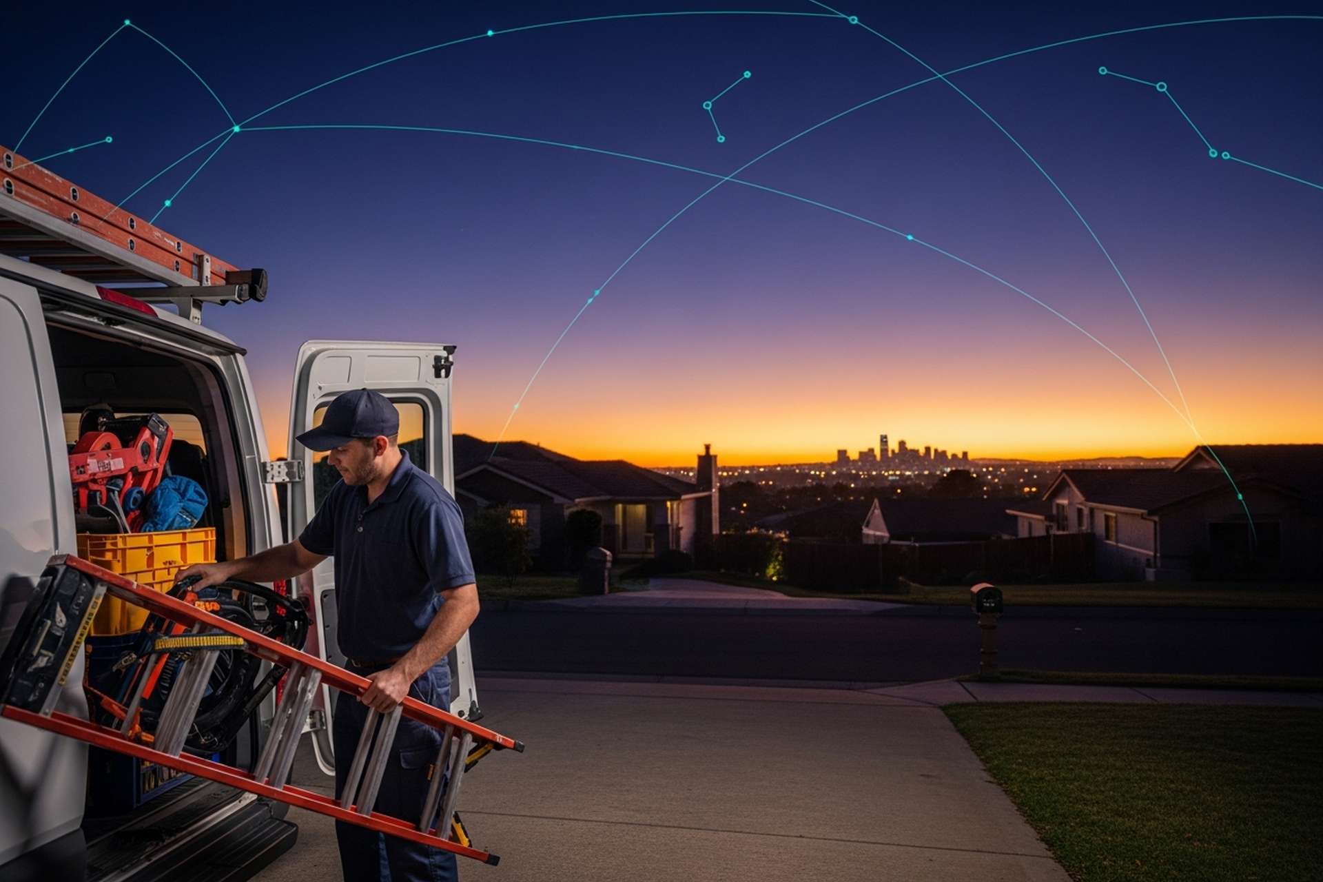 A home services professional in a work polo and cap loading a ladder and tool bags into a work van in a suburban driveway at dusk