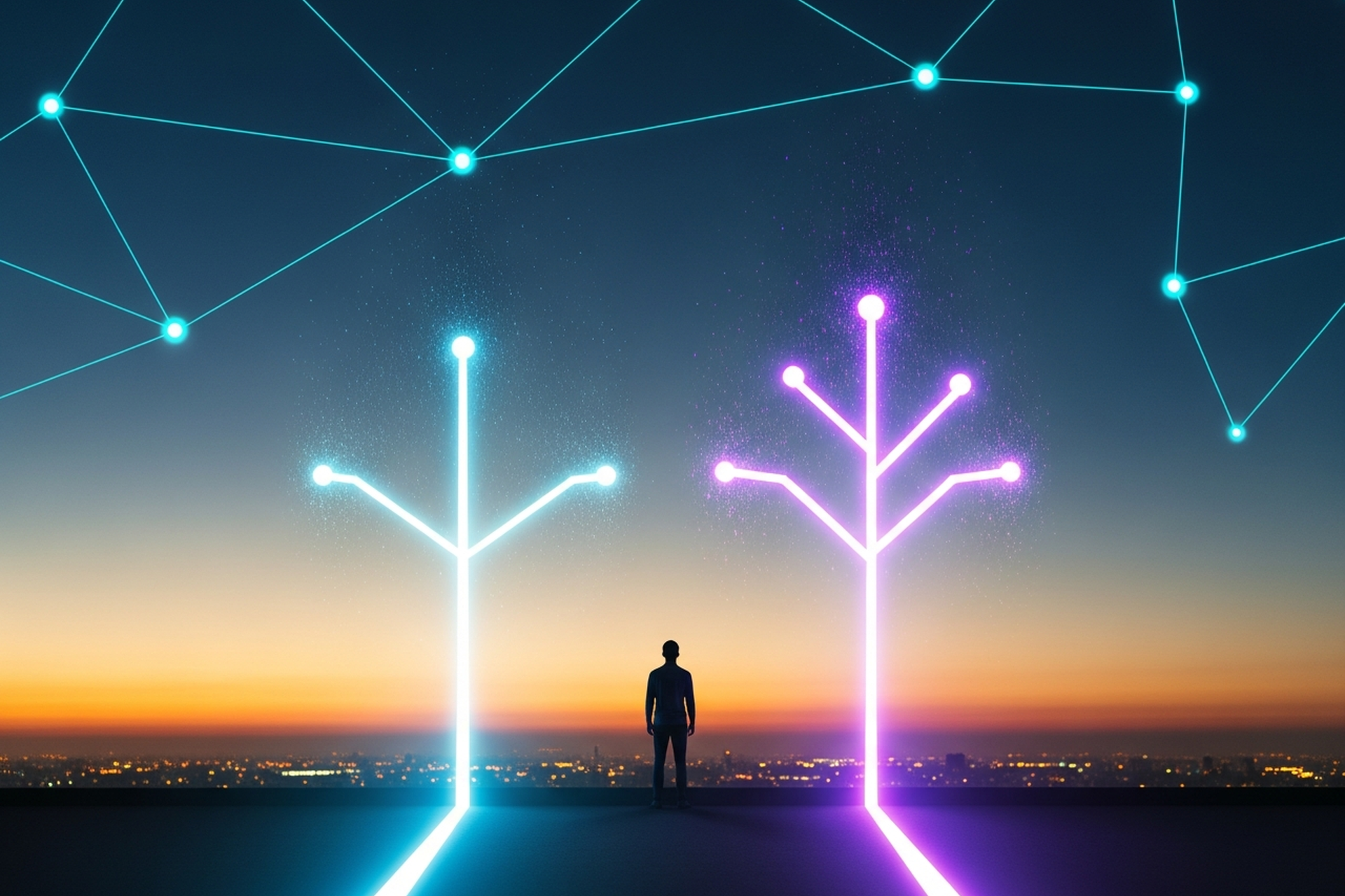 A founder on a rooftop at twilight facing two glowing forking paths of light stretching across the city skyline