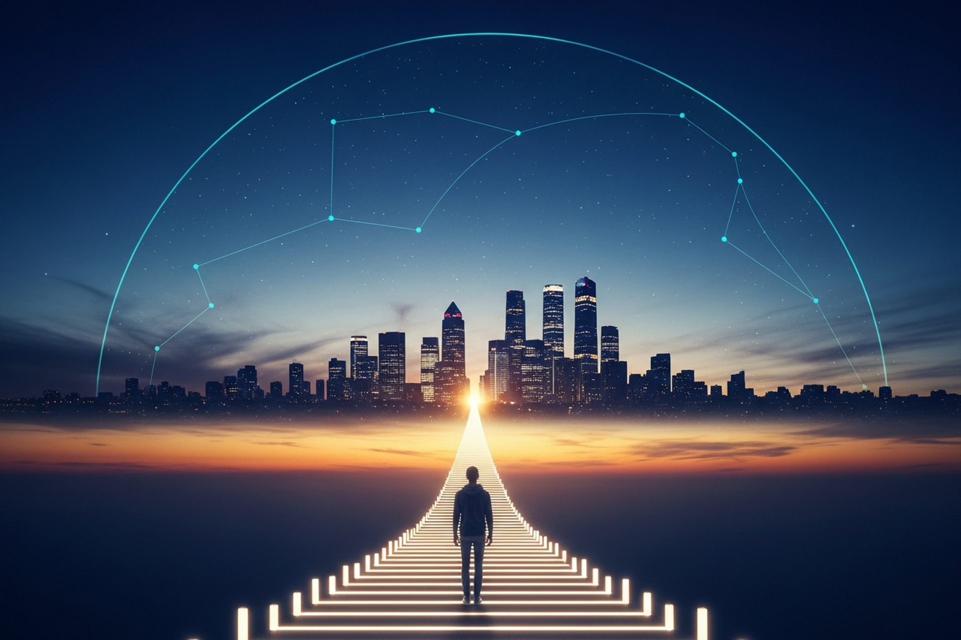A founder seen from behind at the base of a luminous staircase of light rising toward a glowing city skyline at dusk