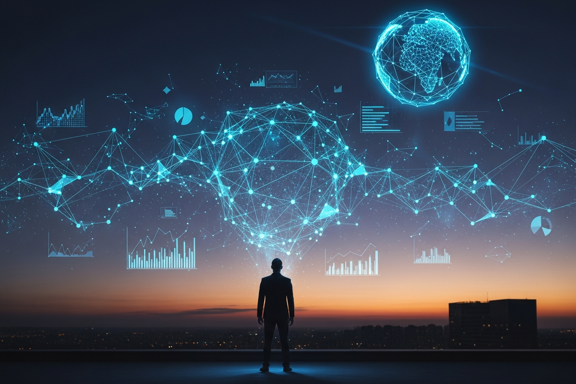A founder seen from behind facing a large glowing blueprint of light suspended in the twilight air over the city