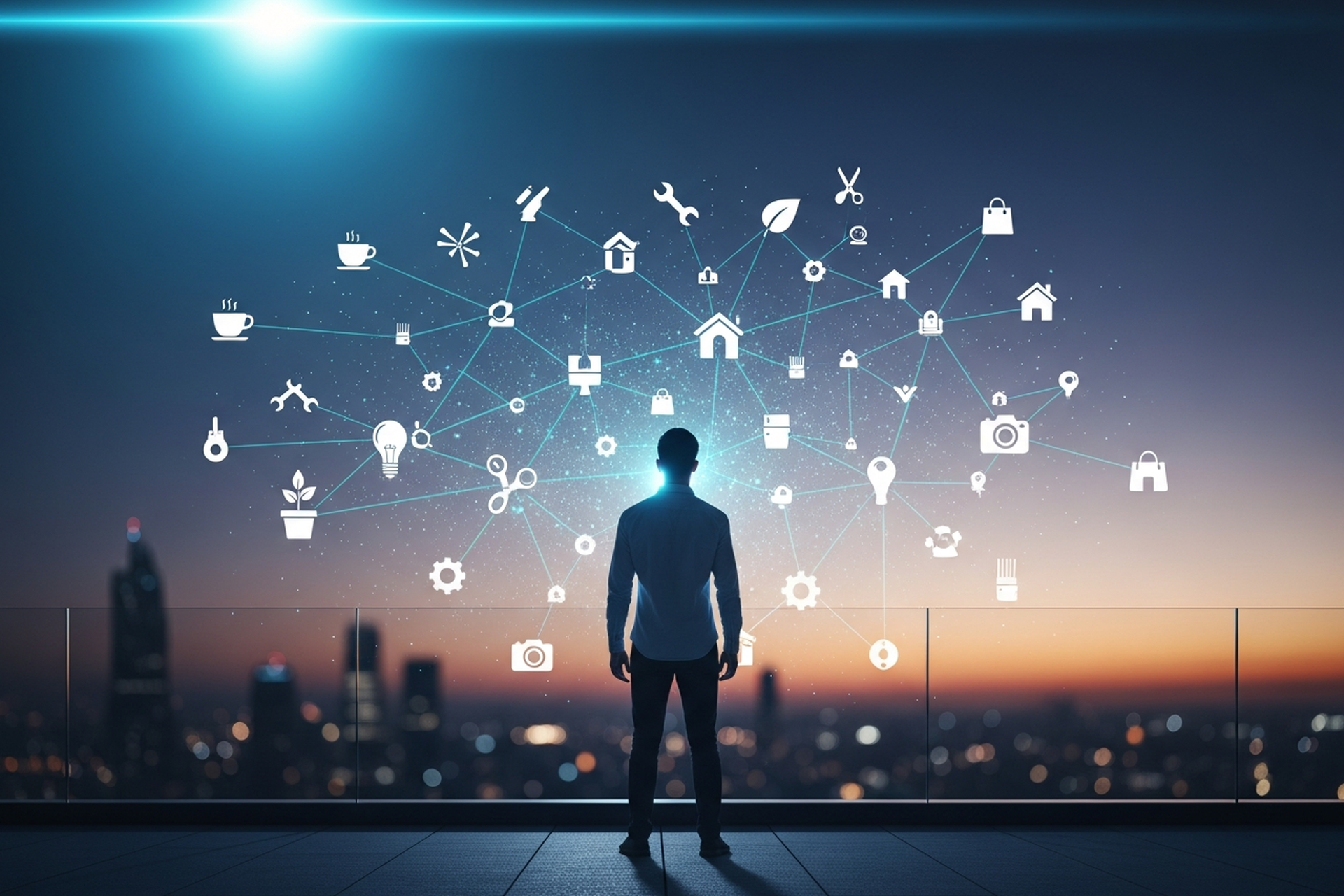 A founder seen from behind on a rooftop terrace at dusk, facing a floating constellation of glowing business icons over the city