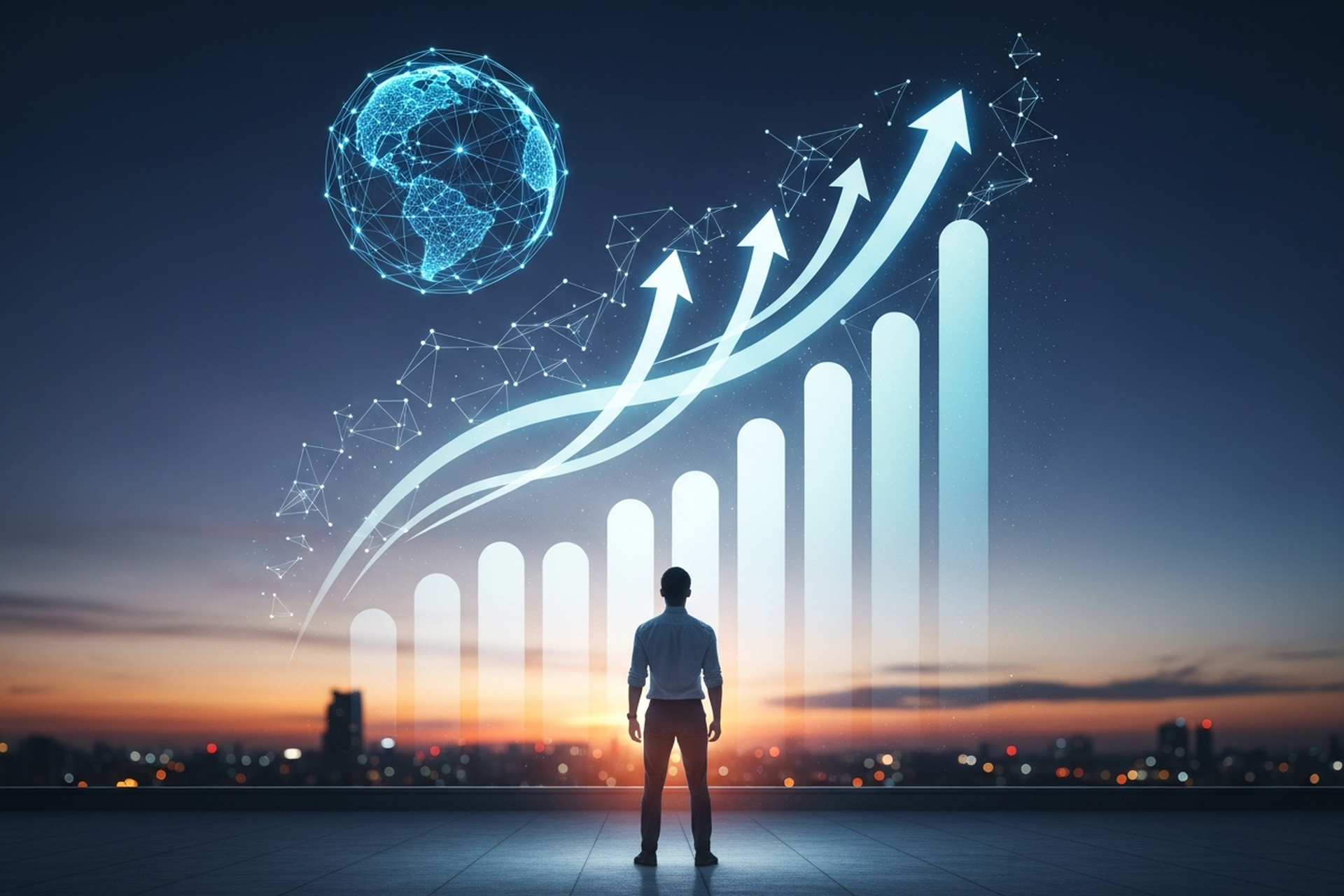 A founder seen from behind on a rooftop at twilight facing a large glowing hologram of rising line graphs and cyan bar charts