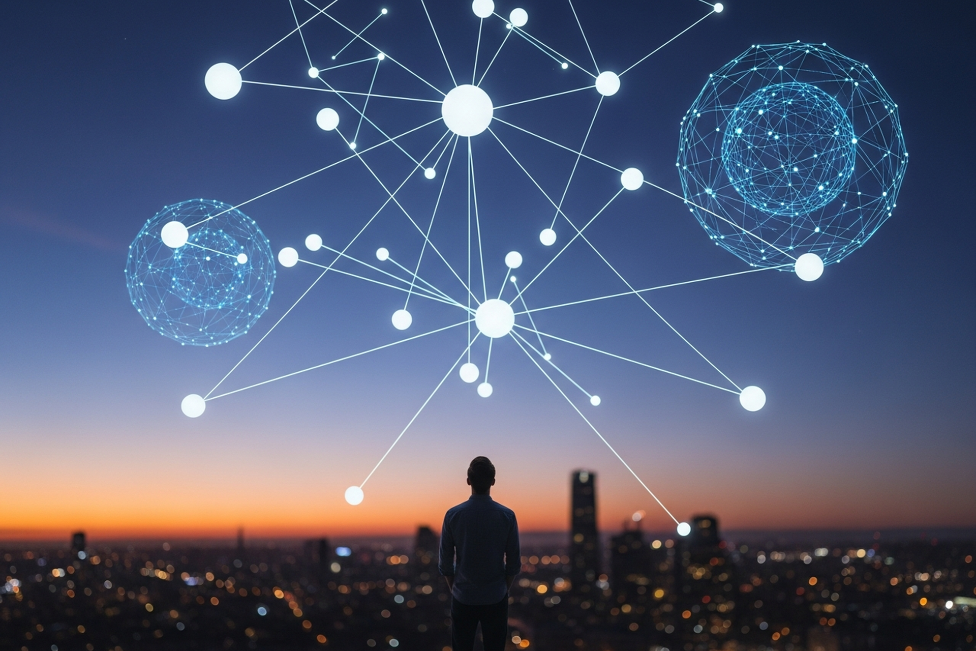 A founder standing at the center of a vast glowing constellation of cyan network nodes suspended over a sunset city skyline