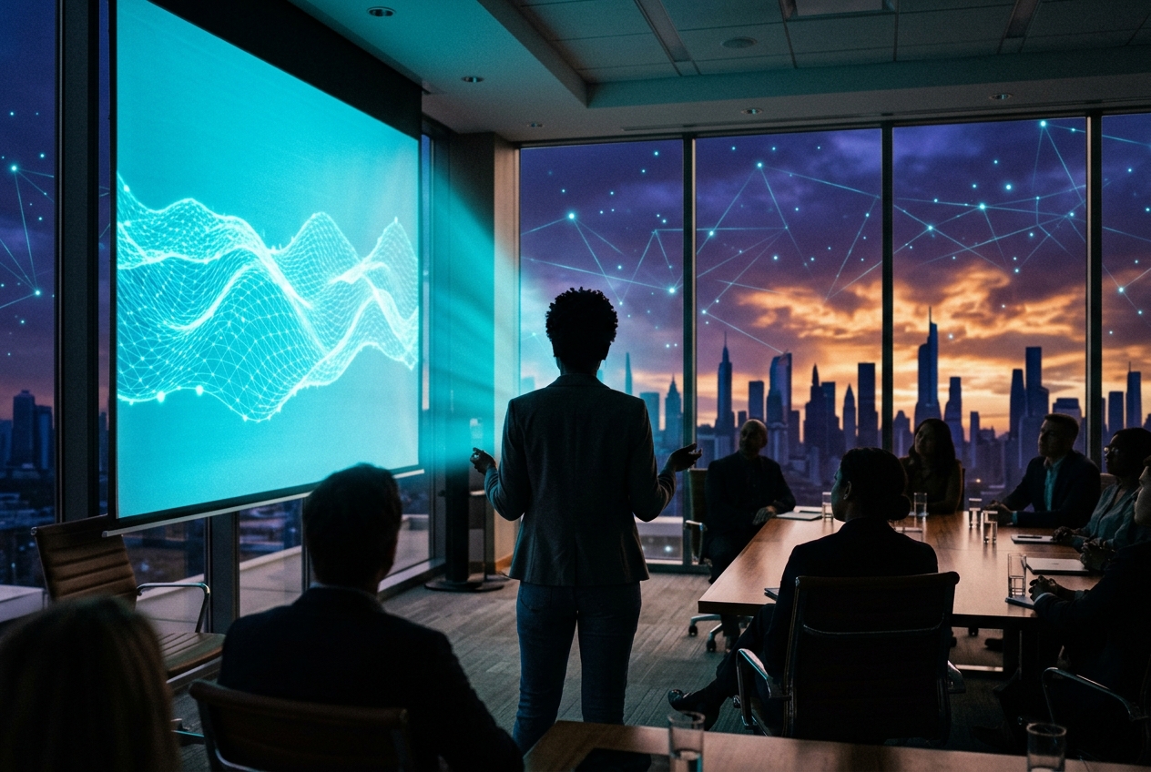 A founder seen from behind presenting a glowing data-wave screen to a boardroom audience, sunset skyline and constellation lines through the windows