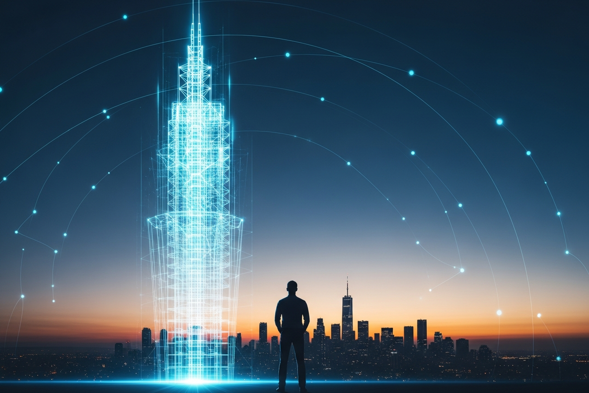 A founder seen from behind as a glowing translucent blueprint assembles into the framework of a rising building of light