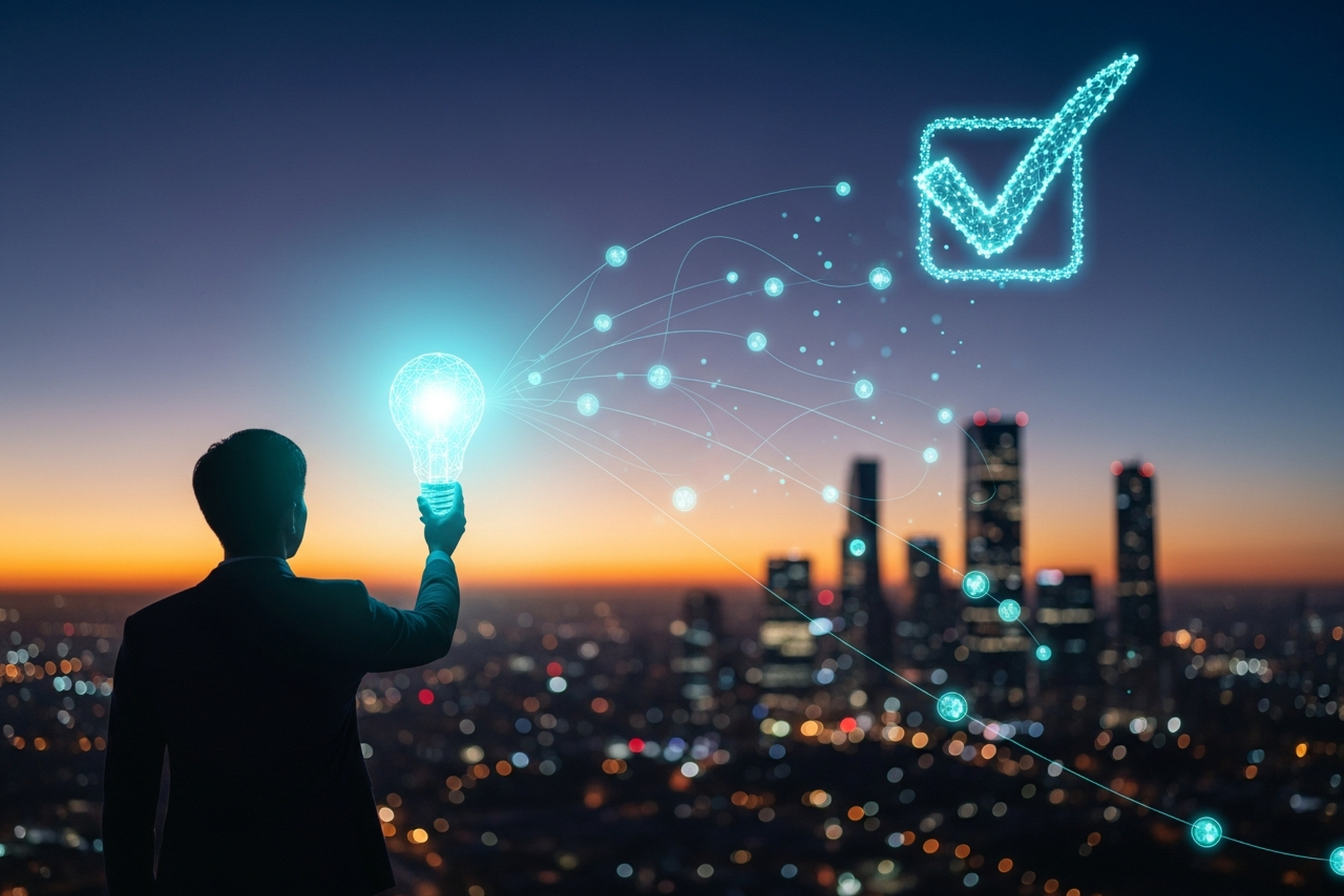 A founder seen from behind holding up a glowing wireframe lightbulb toward a large cyan checkmark over the twilight city