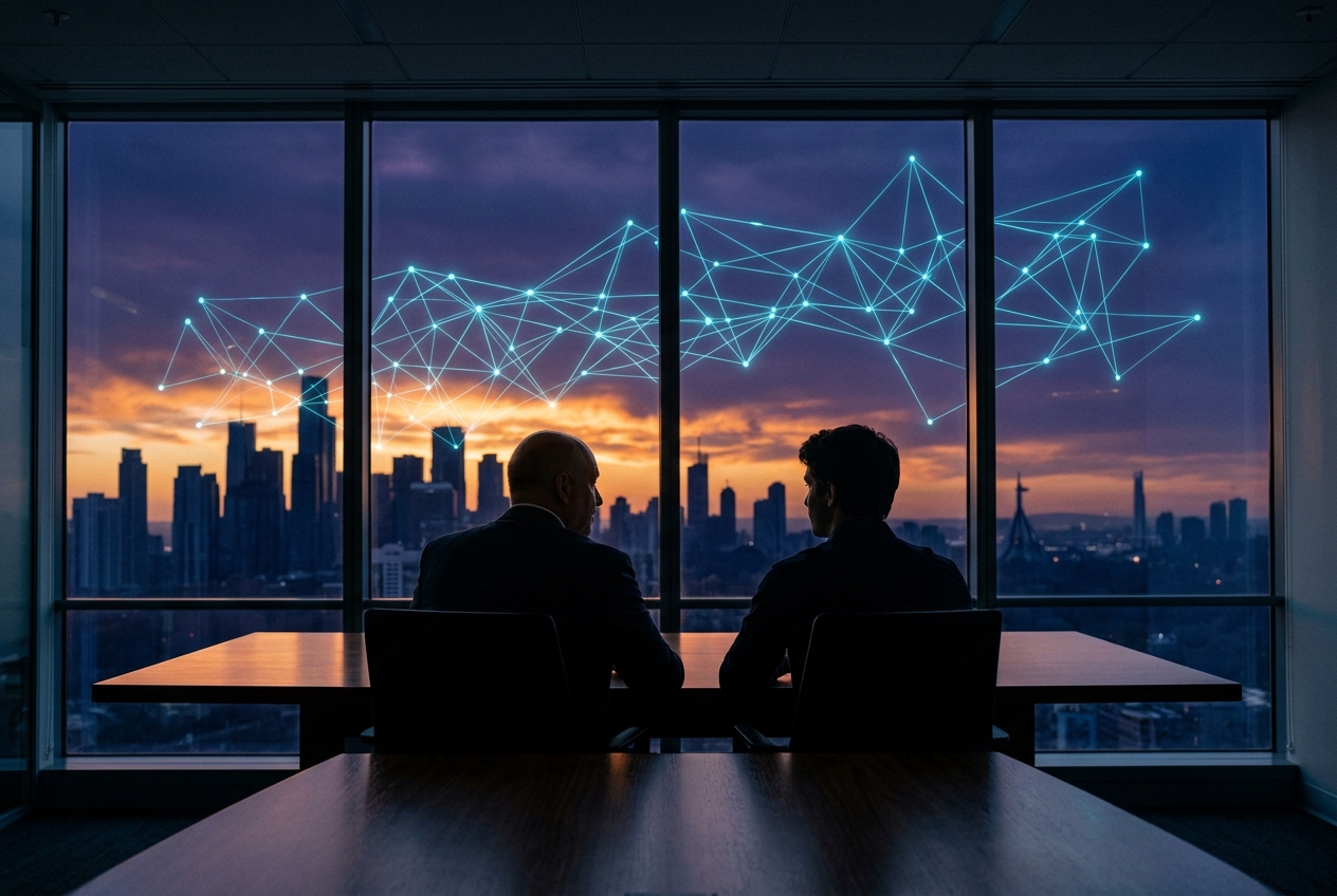 A mentor and a younger founder in silhouette at a conference table, looking out floor-to-ceiling windows at a sunset skyline crossed by constellation lines