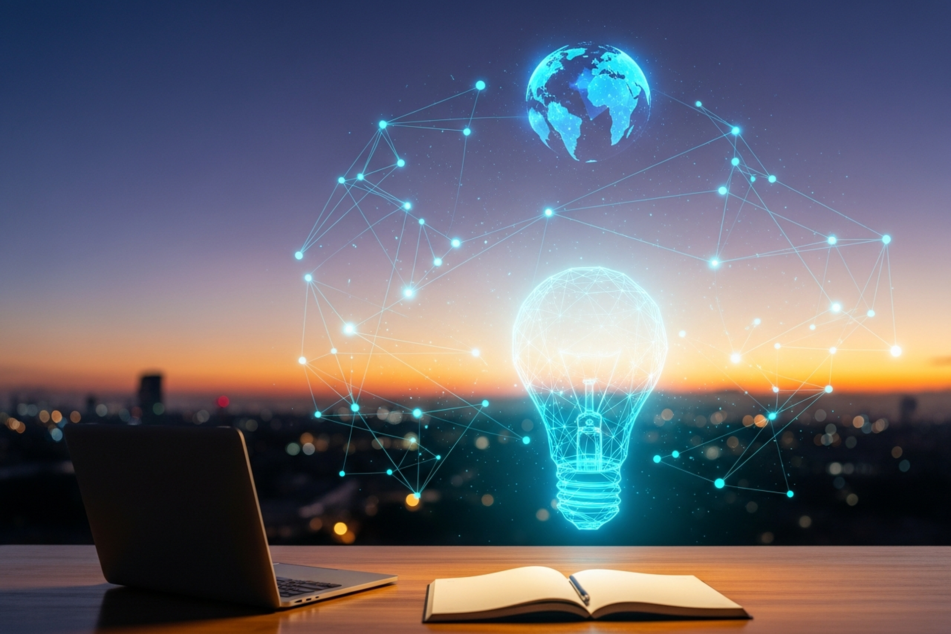 A study table at dusk with a laptop and open notebook beneath a glowing cyan wireframe lightbulb, constellation lines over the sunset city beyond
