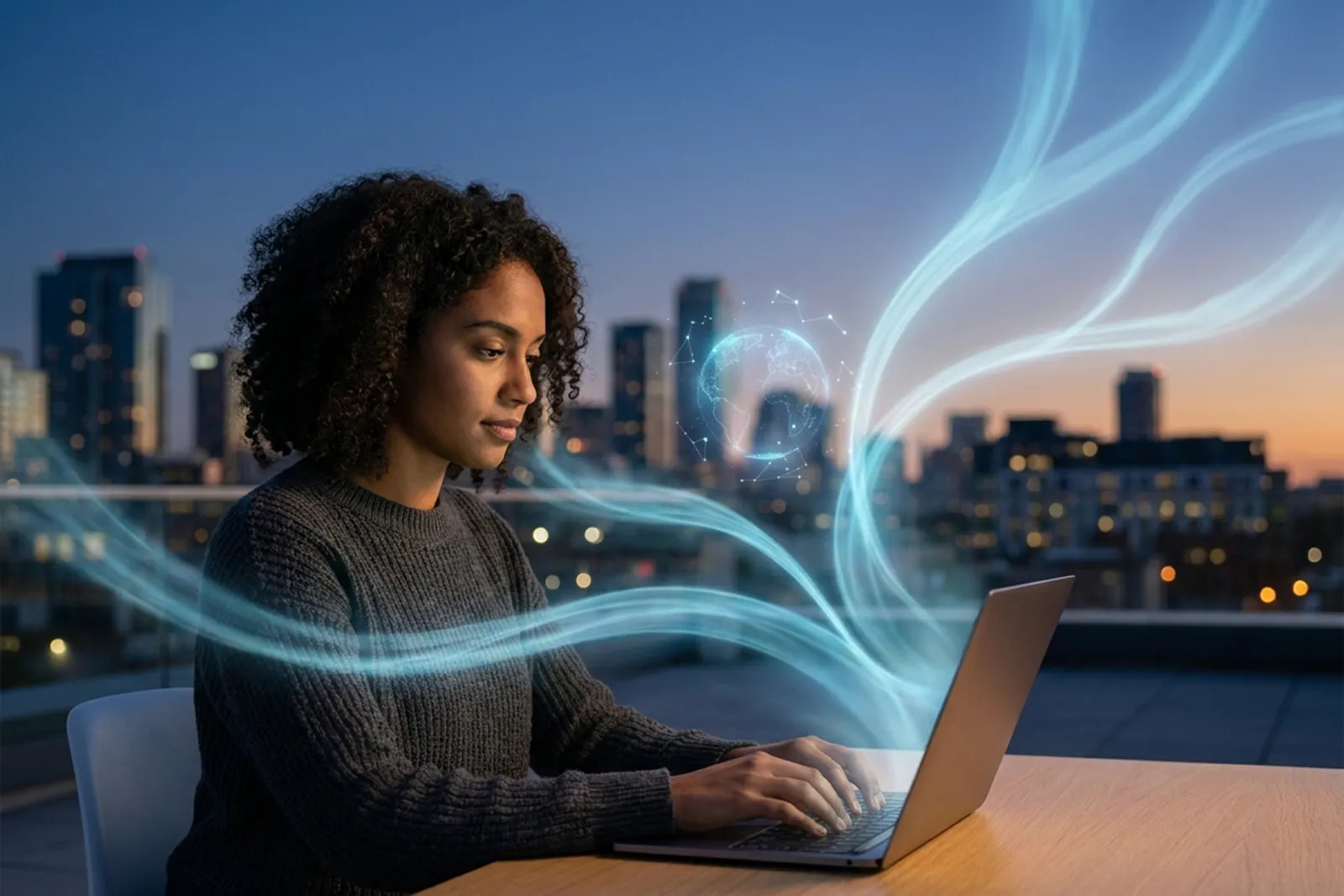 A founder at a laptop at dusk with glowing streams of cyan light branching upward into a twilight city sky
