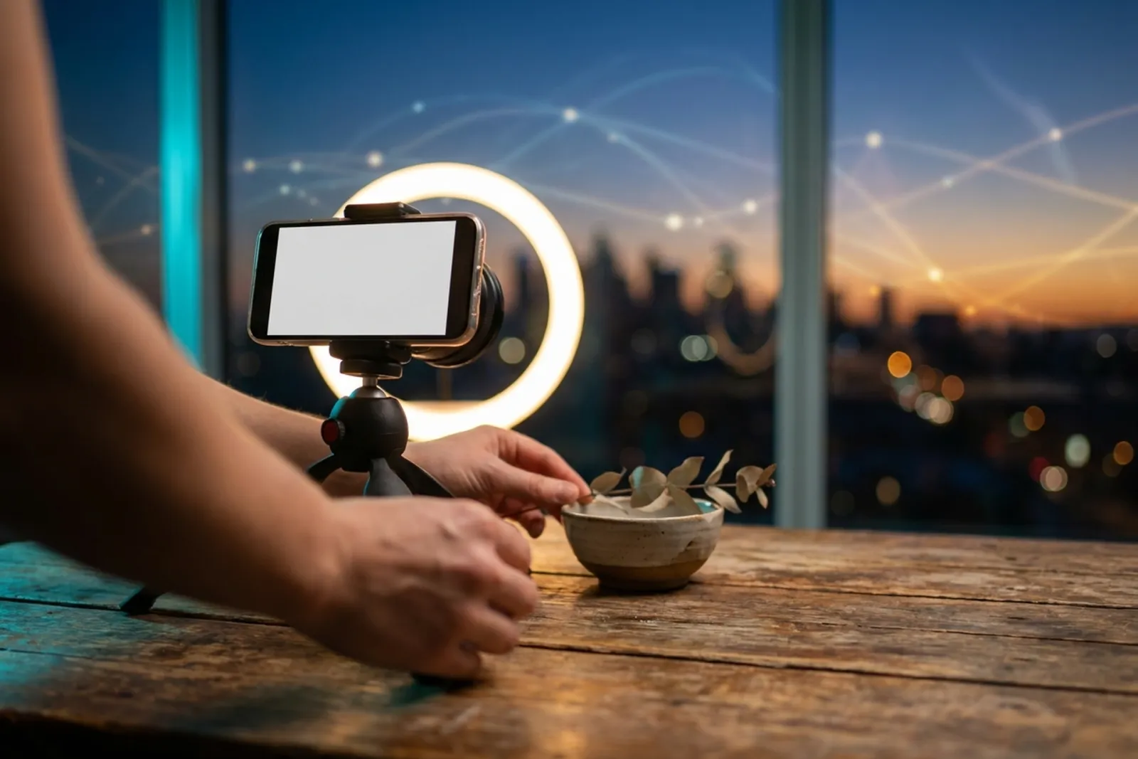 A smartphone on a small tripod with a ring light films a handmade ceramic bowl on a wooden table at dusk while a founder's hands arrange the shot