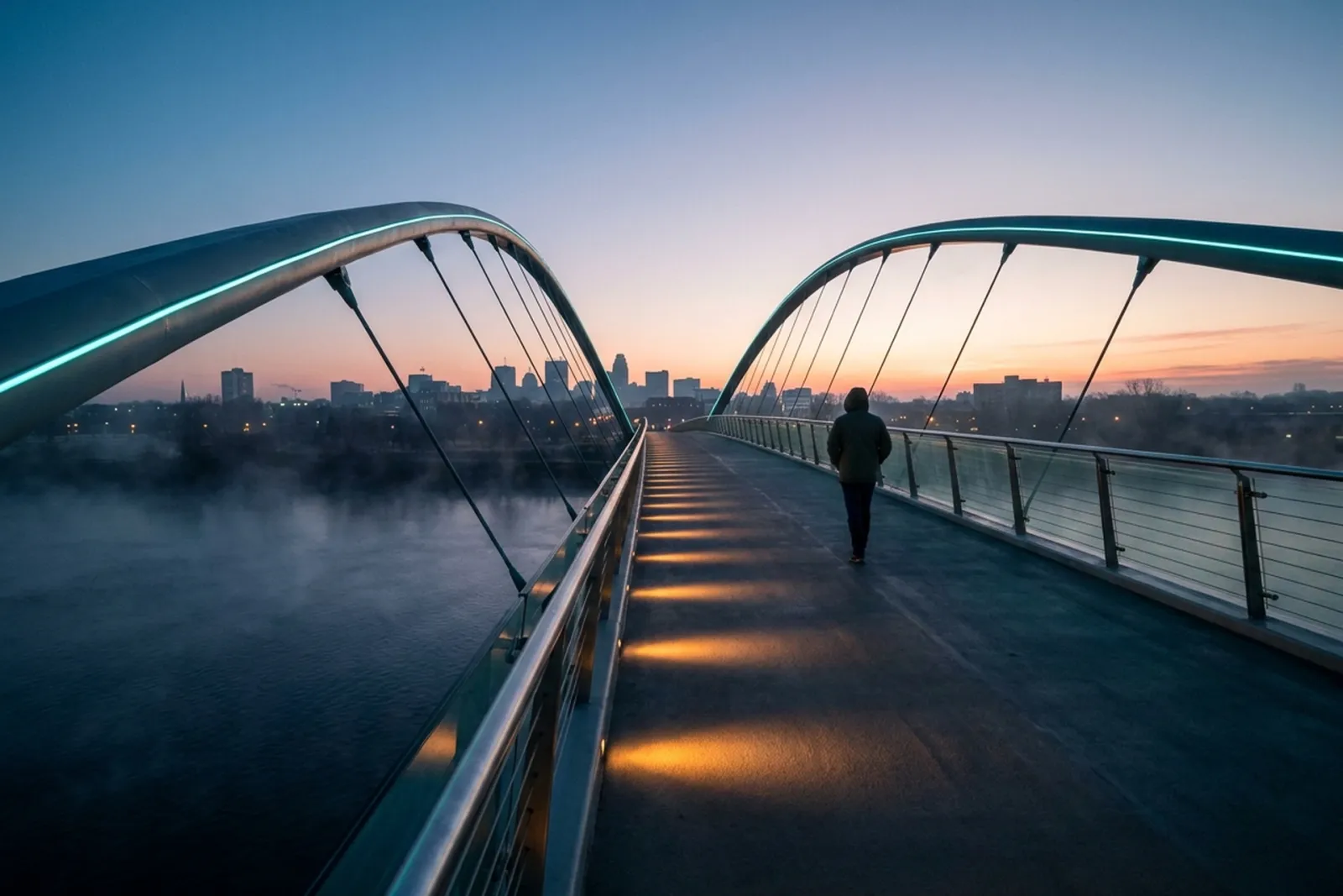 A person walking across a modern arched pedestrian bridge at dawn, its deck lights glowing ahead toward a distant city skyline