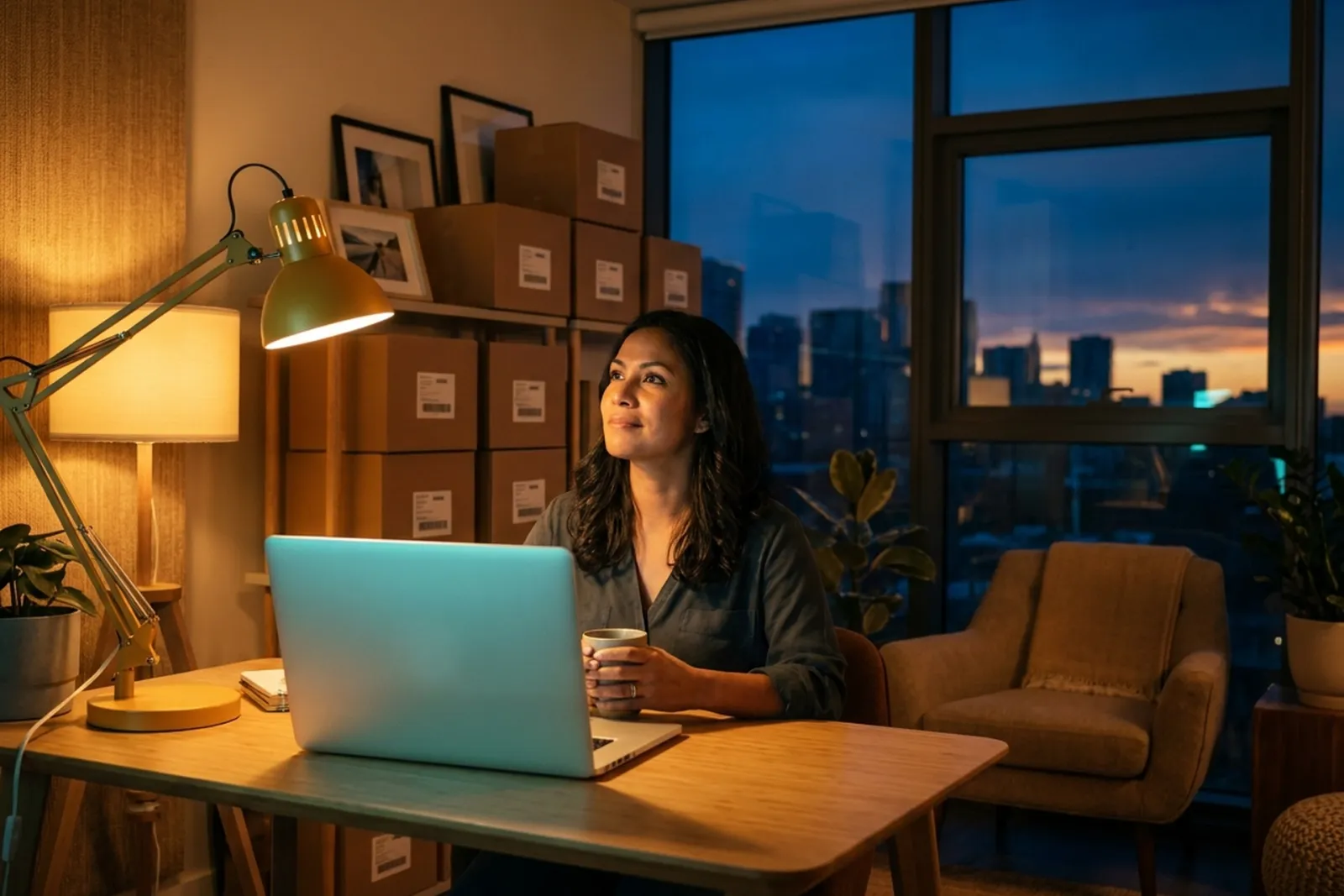 A founder at a home office desk at dusk, holding a mug beside a glowing laptop, with stacked inventory boxes behind her and a city skyline at twilight