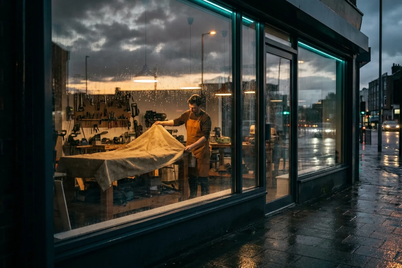 A workshop owner seen through a rain-streaked storefront window at dusk, draping a protective cover over a workbench as a storm passes.