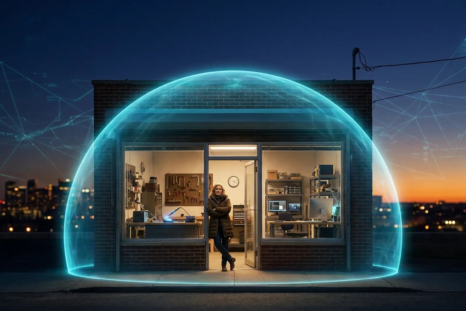 A founder standing in the doorway of a small storefront at dusk beneath a translucent glowing shield of cyan light