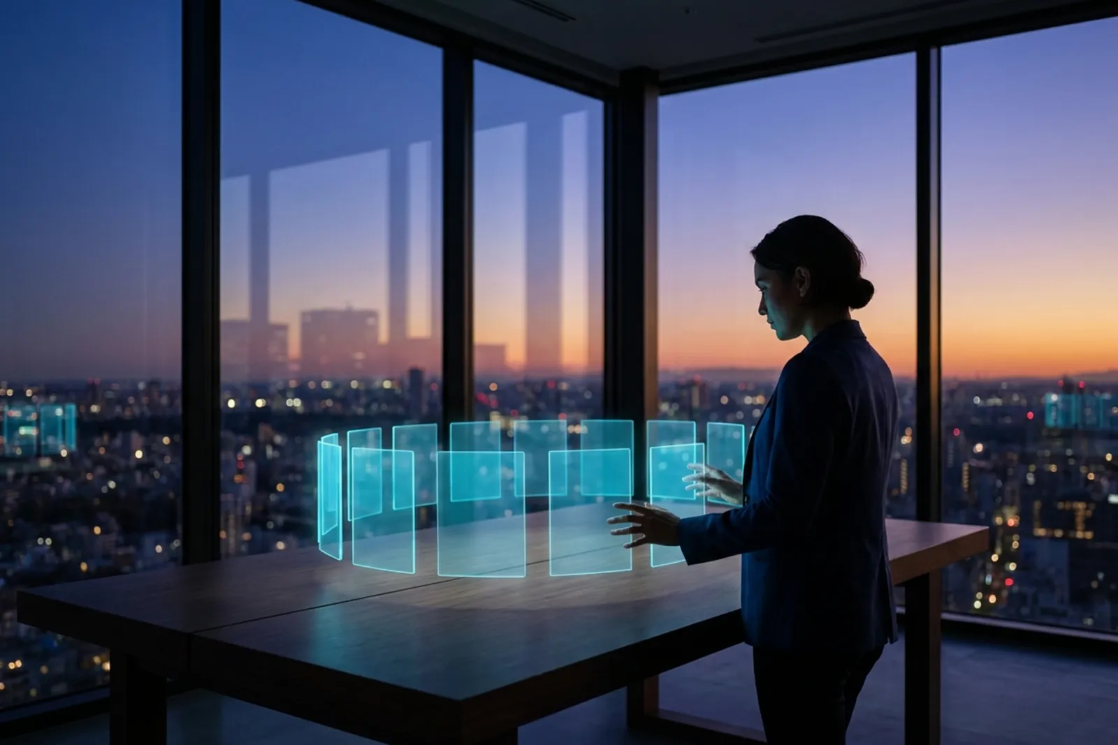 A founder in a high-rise office at dusk arranging a fanned arc of blank glowing cyan panels above a table, city skyline beyond the glass.