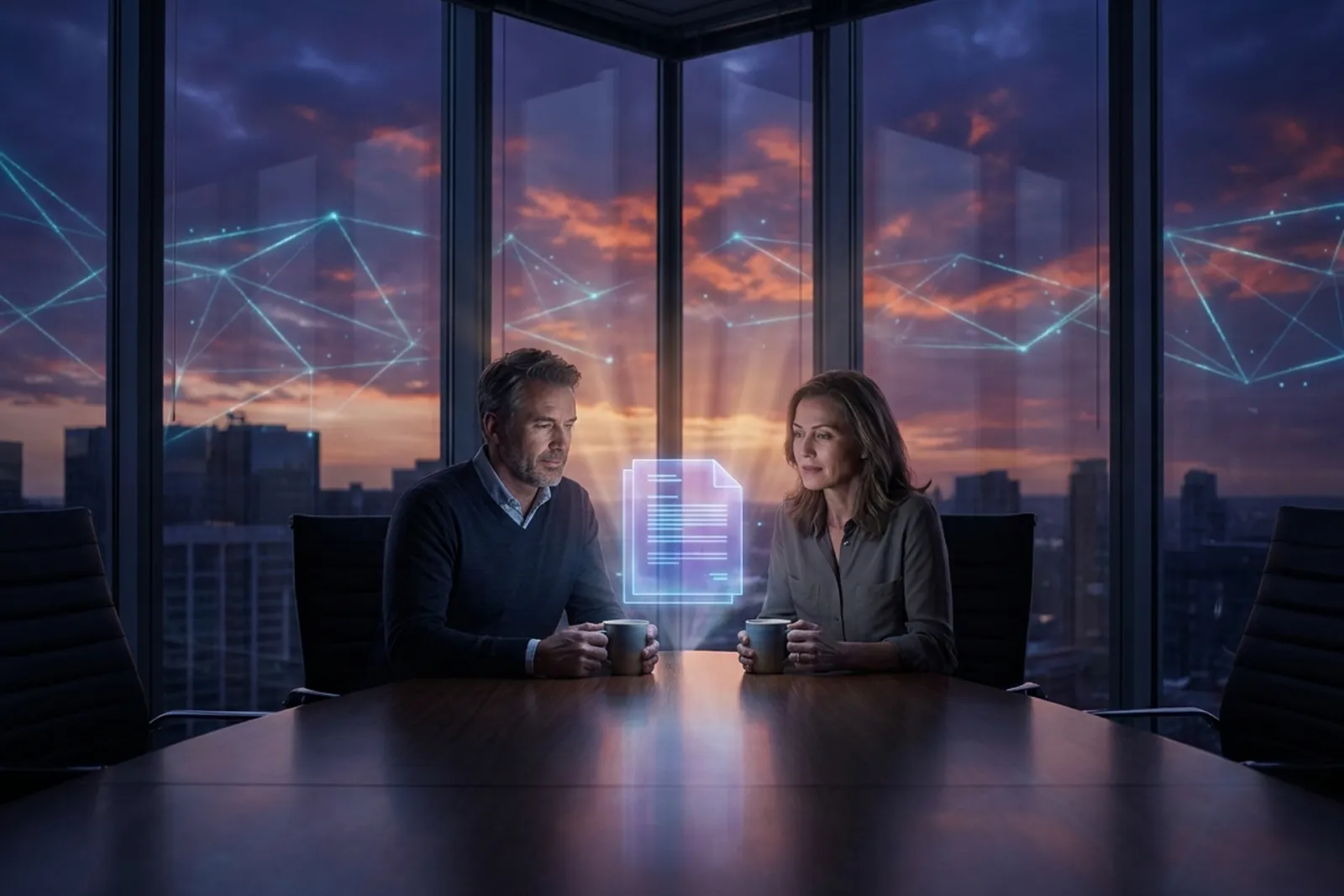 Two colleagues at a dusk meeting table, one sliding a glowing translucent document toward the other in front of a city skyline