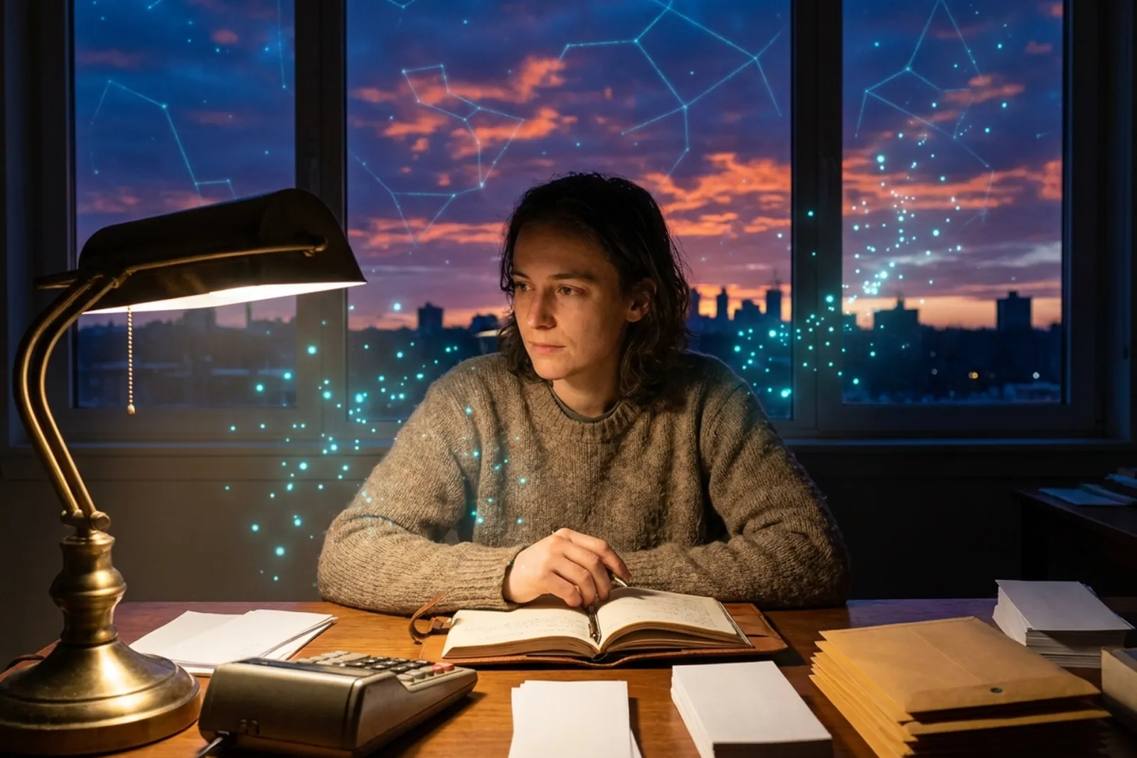 A founder's hands organizing paper receipts beside a closed ledger notebook at a warm desk at dusk, with a soft column of cyan light above the ledger