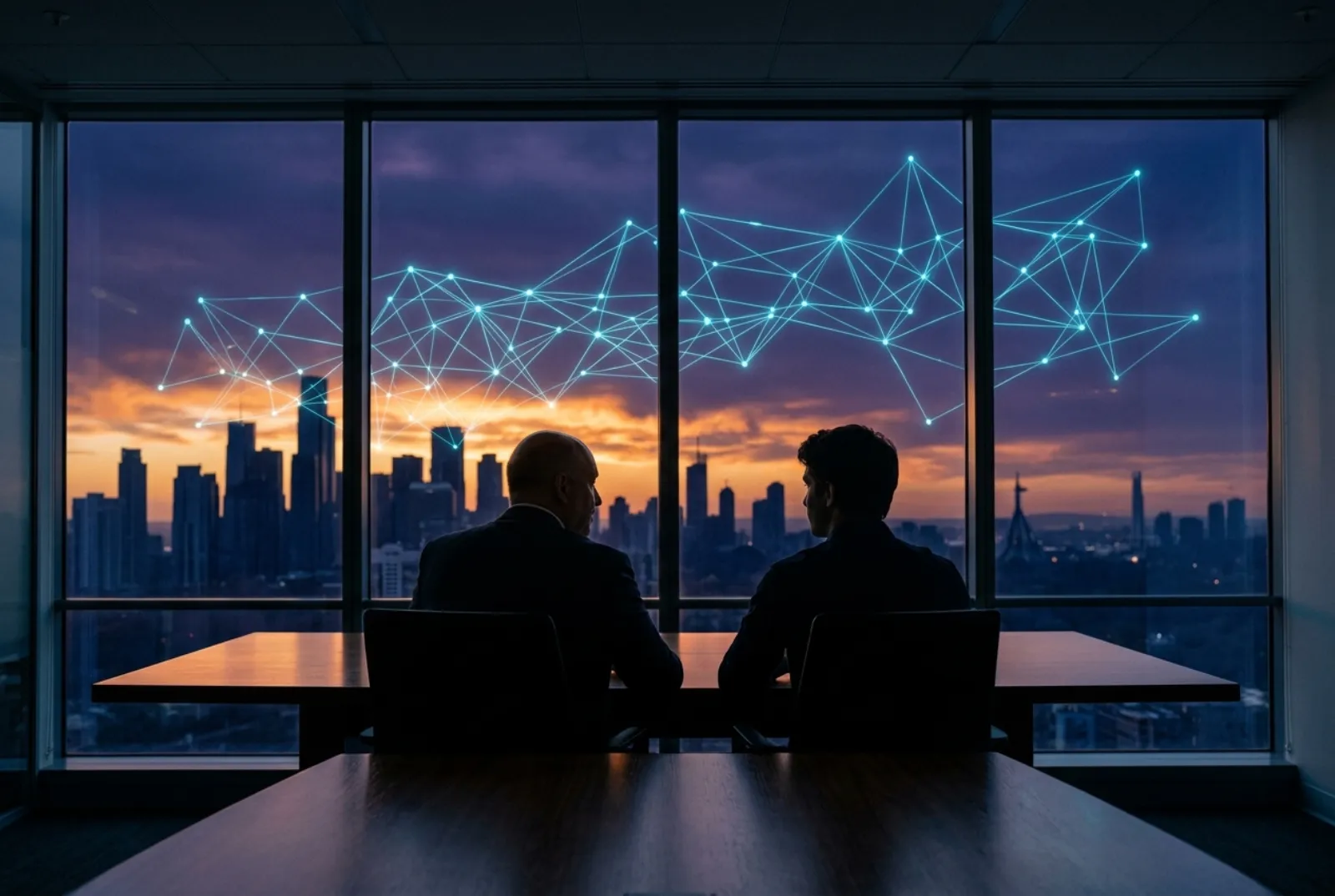 A mentor and a younger founder in silhouette at a conference table, looking out floor-to-ceiling windows at a sunset skyline crossed by constellation lines