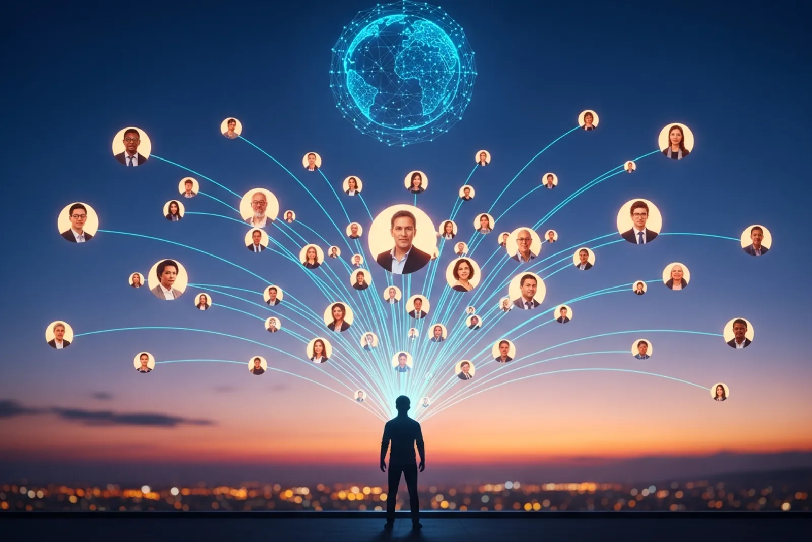 A founder seen from behind on a rooftop at twilight, looking out at a glowing constellation of connected human figures of light above the city