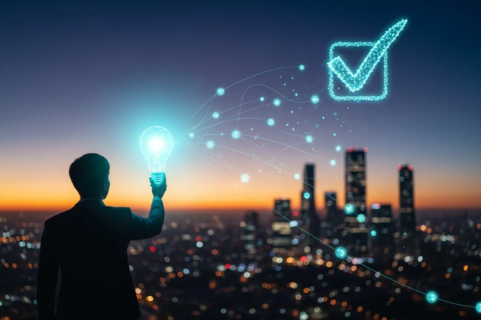 A founder seen from behind holding up a glowing wireframe lightbulb toward a large cyan checkmark over the twilight city