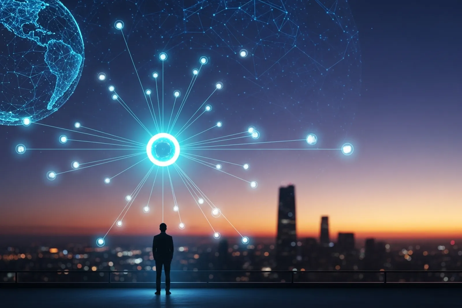 A founder seen from behind on a rooftop at dusk facing a glowing cyan hub of light with luminous spokes radiating outward over the skyline