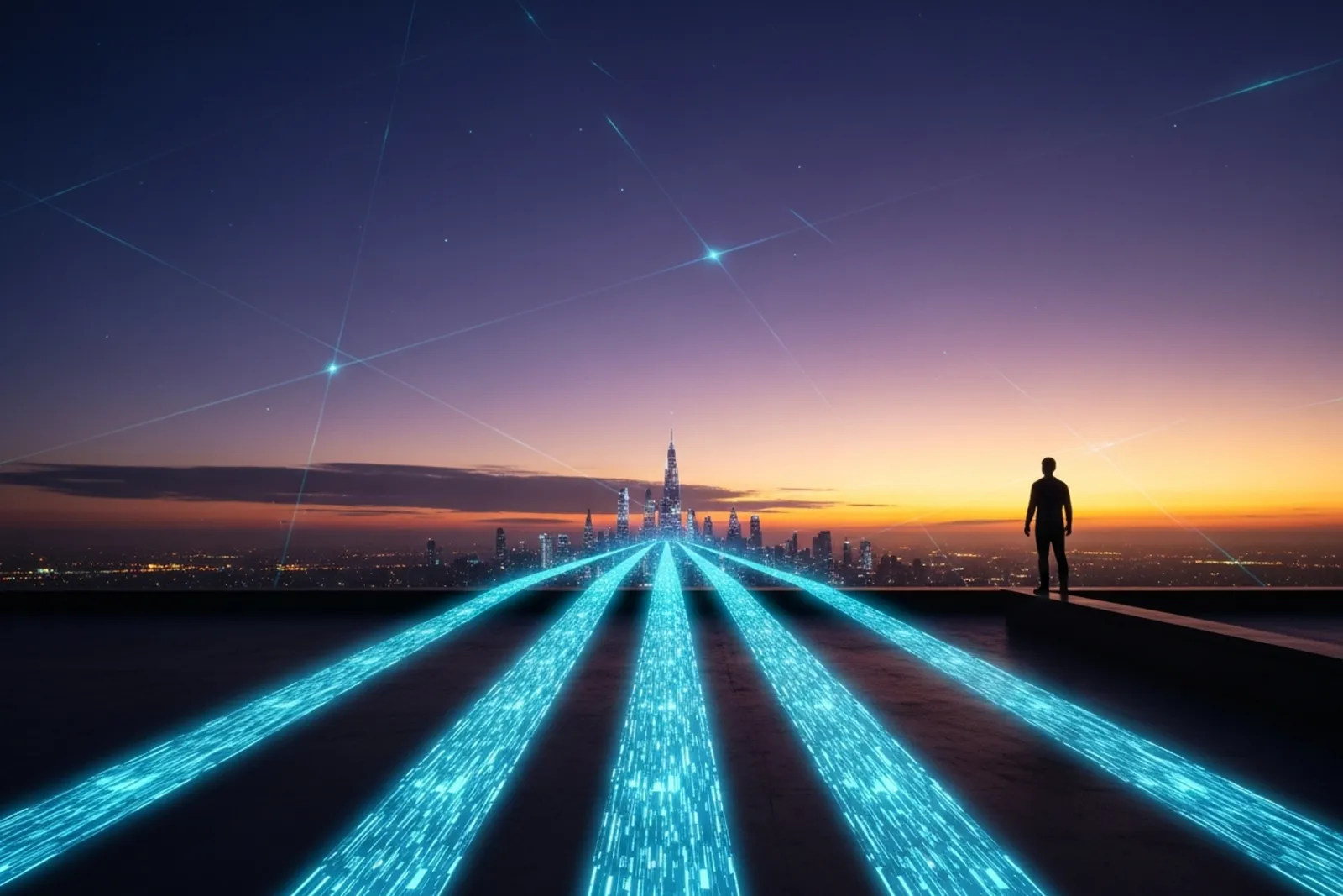 A founder on a rooftop at dusk facing several glowing cyan pathways of light converging toward a luminous city skyline