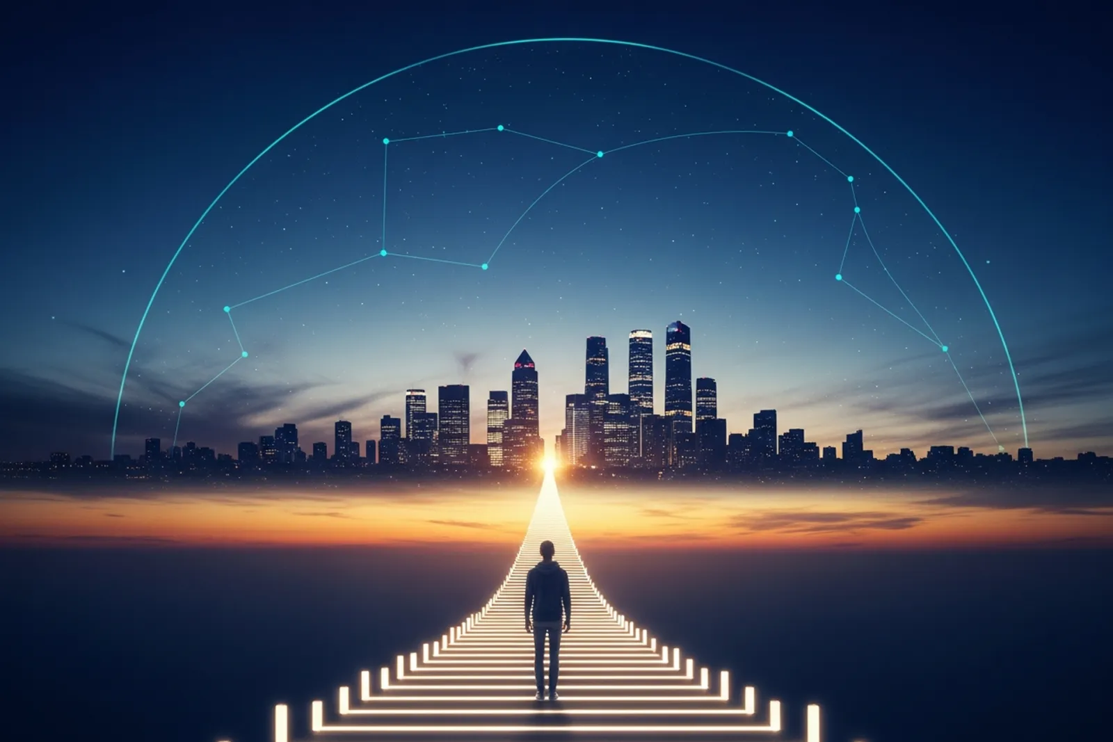 A founder seen from behind at the base of a luminous staircase of light rising toward a glowing city skyline at dusk