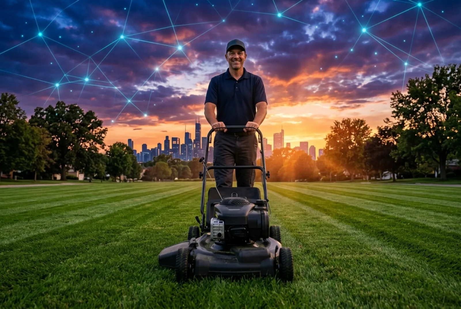A smiling lawn care professional in a cap standing behind a walk-behind mower on freshly striped grass at sunset, city skyline and glowing network lines beyond