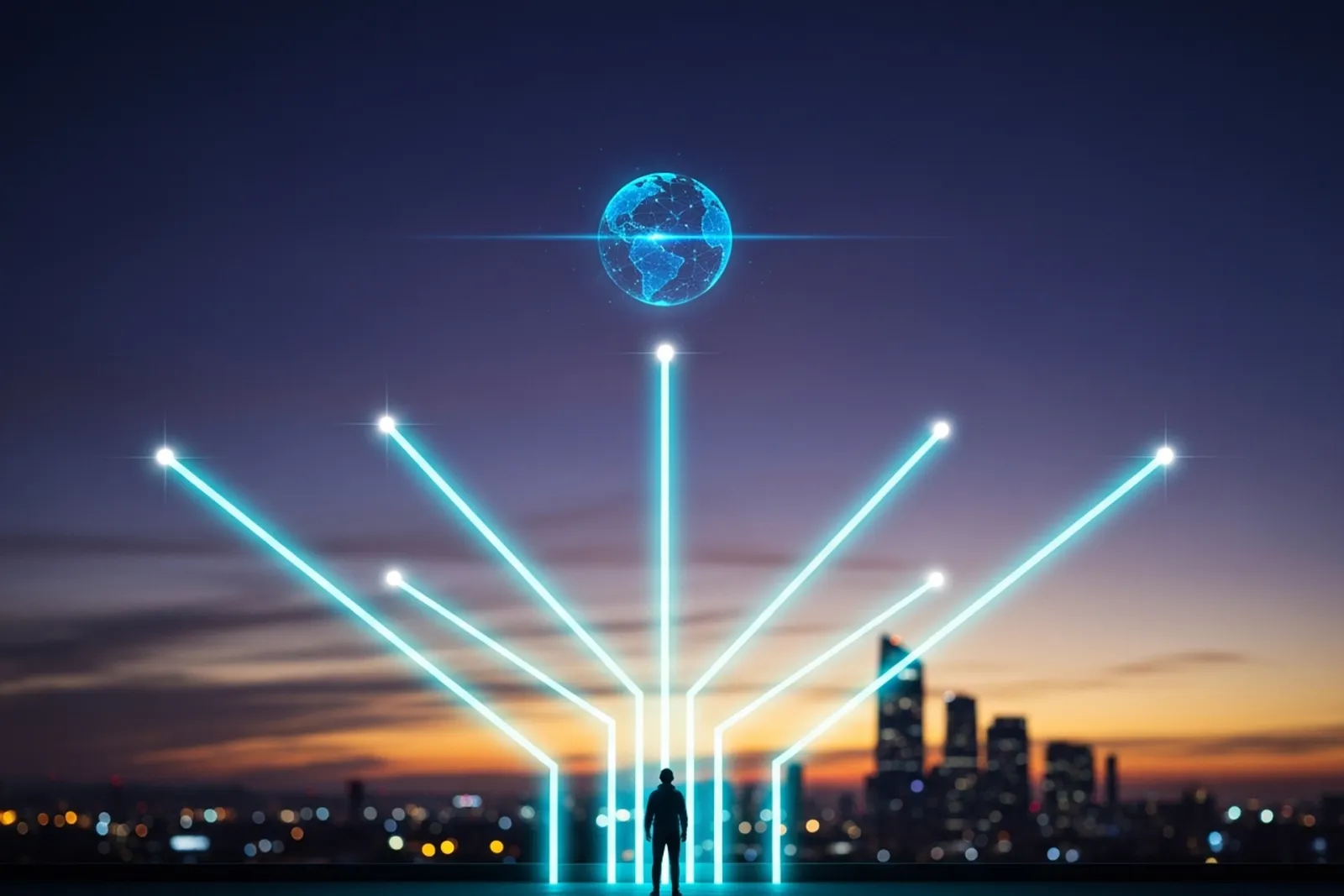 A founder at the base of several glowing light-paths that branch upward toward different bright horizons in a twilight sky