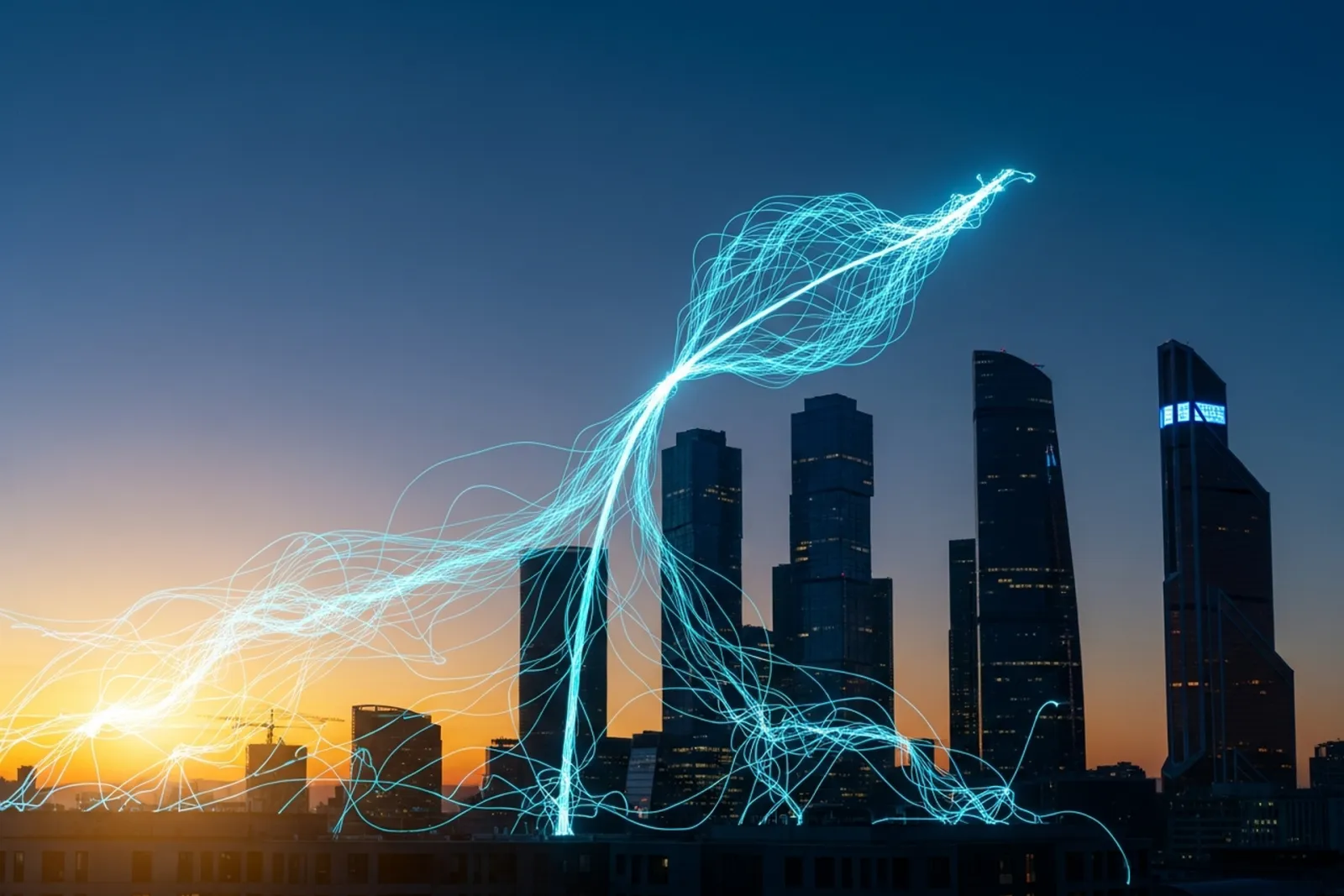 A glowing seed of cyan light sprouting into a branching network of light that rises and spreads over a city skyline at dusk