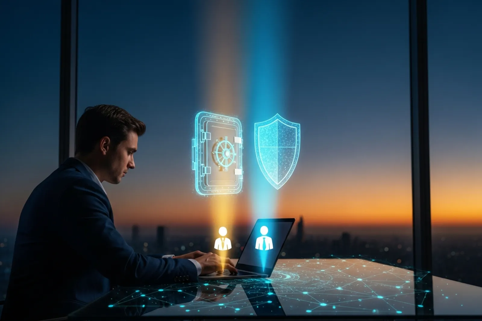 A founder at a glass desk by a window at dusk with a glowing vault door and shield of cyan light hovering above the laptop