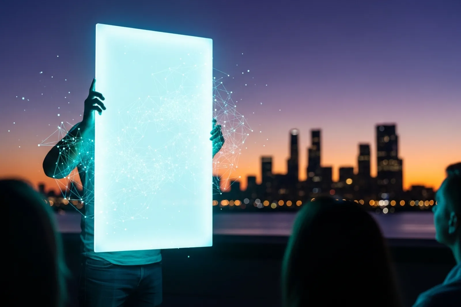A presenter holding up a large glowing slide panel of pure light to a small audience at dusk, with a sunset city skyline behind